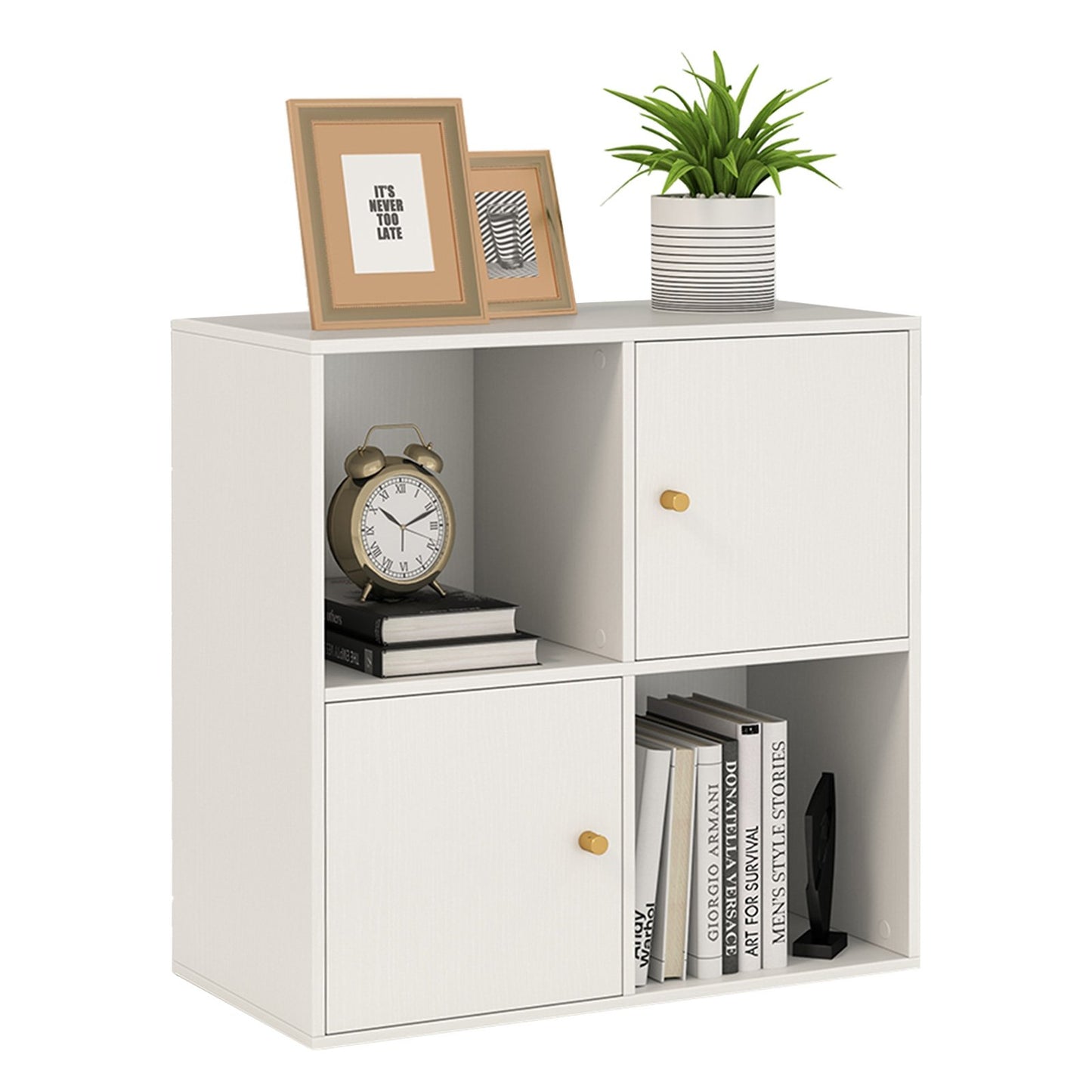 4-Cube Bookcase 3-Tier Bookshelf with Dual Anti-Tipping Kits and 2 Cabinets-Natural