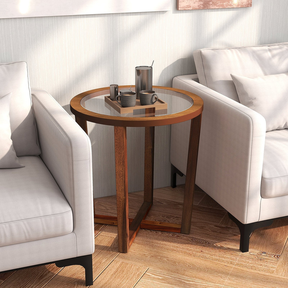 Modern round brown end table with transparent tempered glass top, suitable as sofa side table in living room decor.