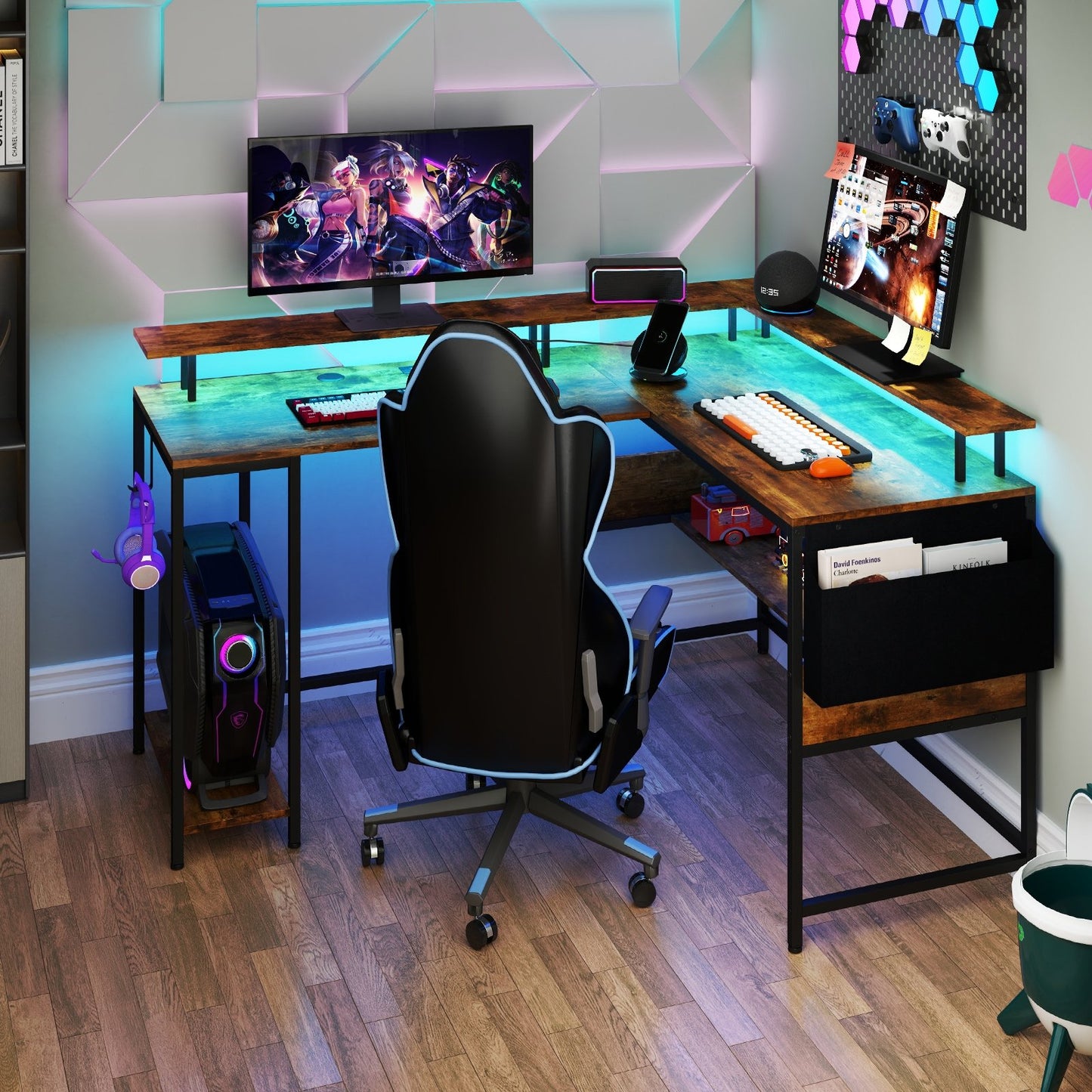 L-Shaped Gaming Desk with LED Lights and Power Outlets Home Office Computer Desk-Black