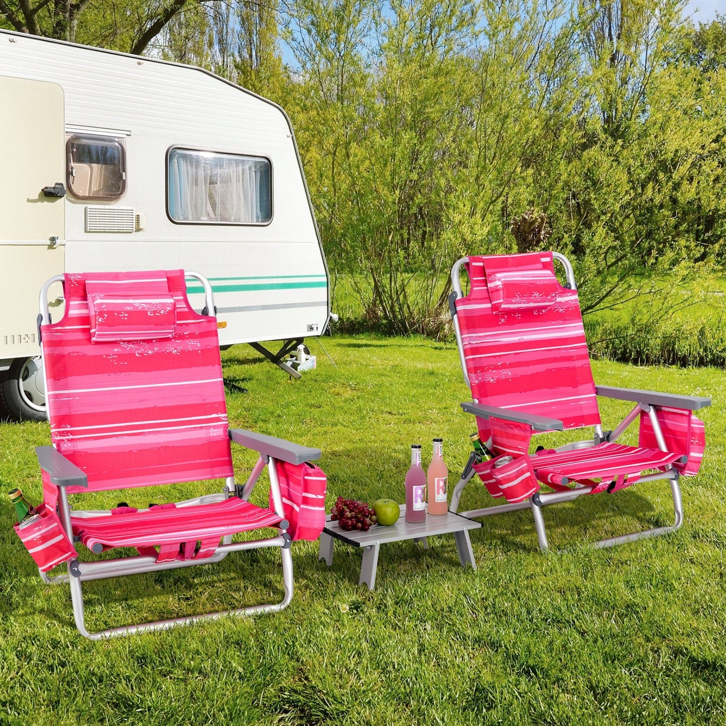 2 Packs 5-Position Outdoor Folding Backpack Beach Table Chair Reclining Chair Set-Blue