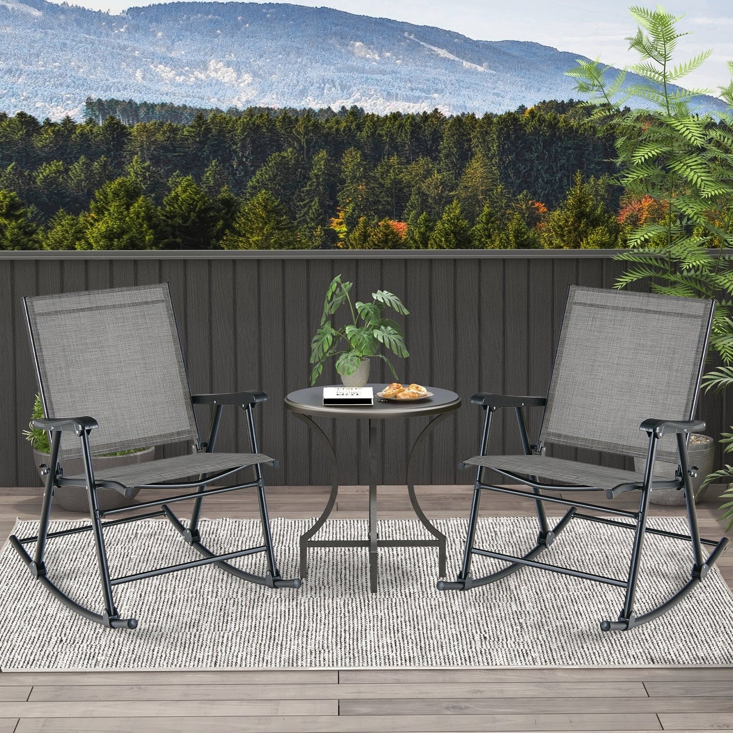 Folding Rocking Chair with Breathable Seat Fabric Set of 2-Black