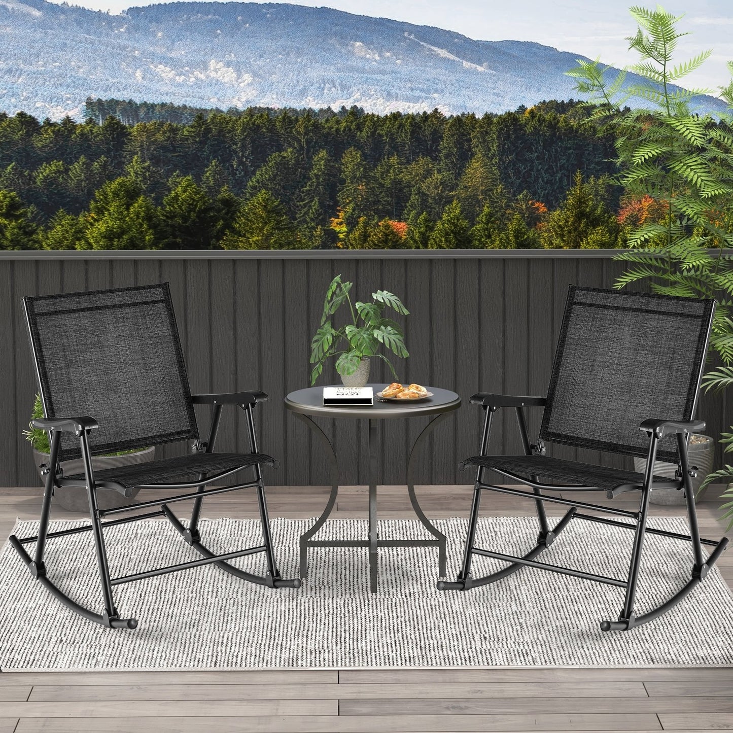 Folding Rocking Chair with Breathable Seat Fabric Set of 2-Black