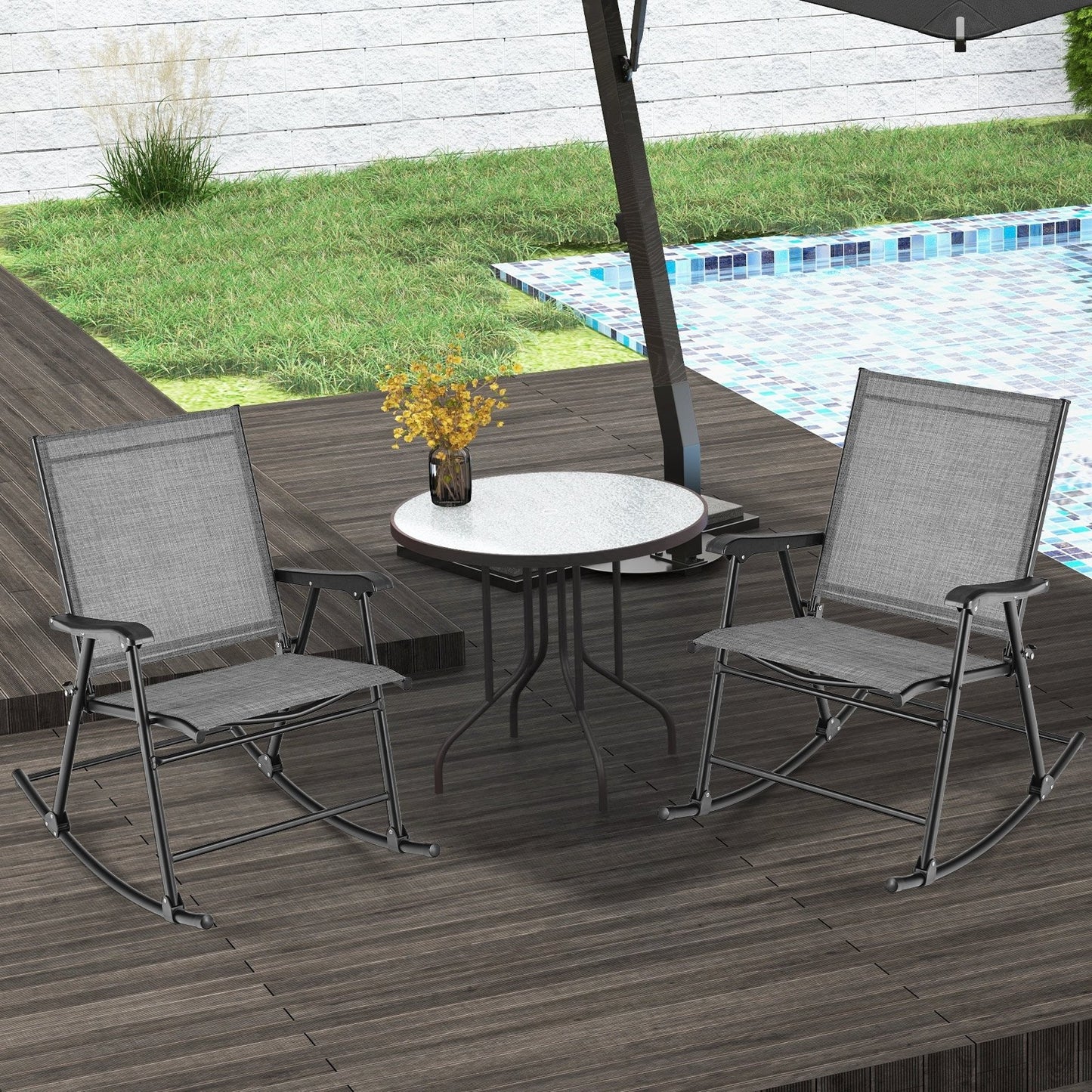 Folding Rocking Chair with Breathable Seat Fabric Set of 2-Black