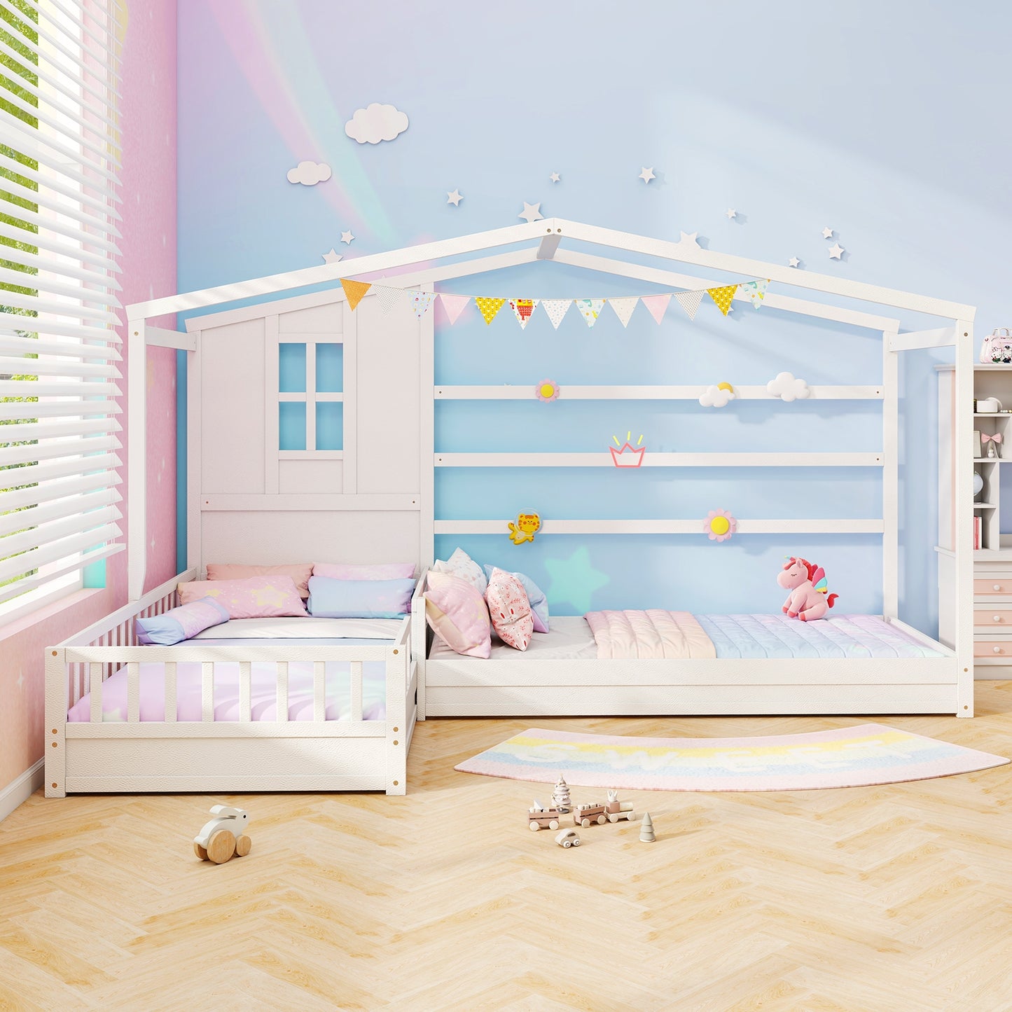 L-shaped Double Twin Beds House Platform Beds with Fences Corner Bed Frame-Gray