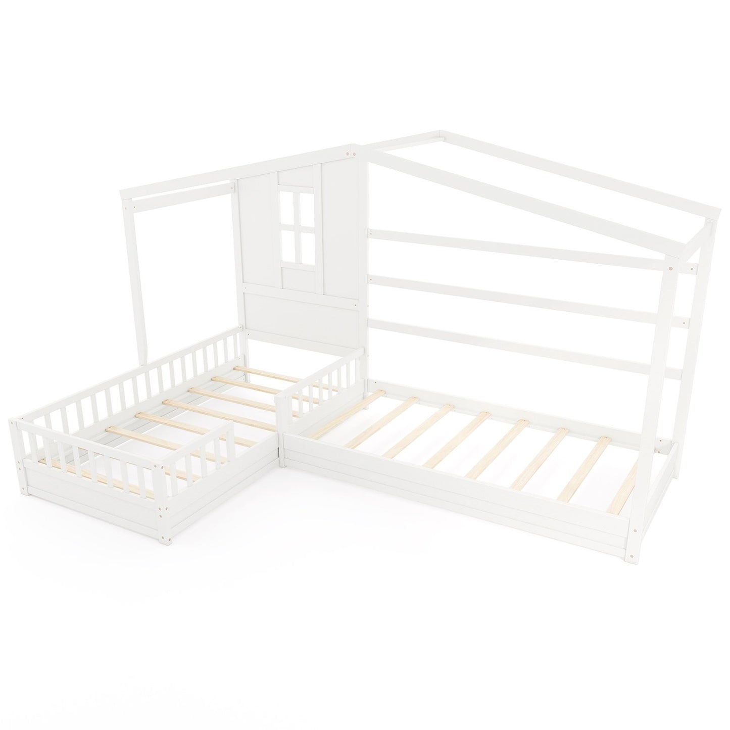 L-shaped Double Twin Beds House Platform Beds with Fences Corner Bed Frame-Gray