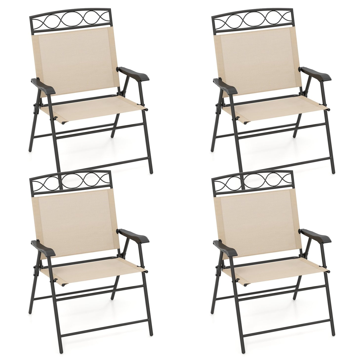 Set of 4 Patio Folding Chairs Set Dining Chairs with Armrests-Beige
