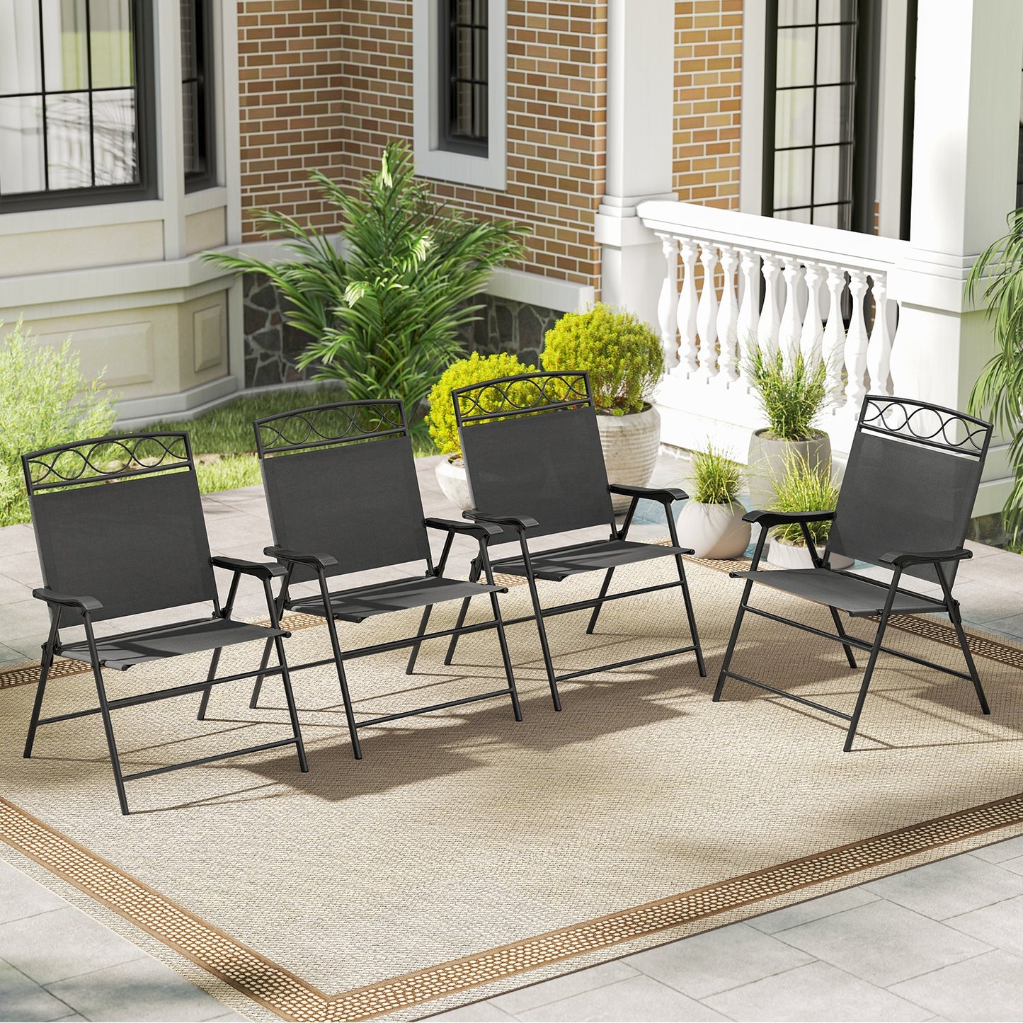 Set of 4 Patio Folding Chairs Set Dining Chairs with Armrests-Beige