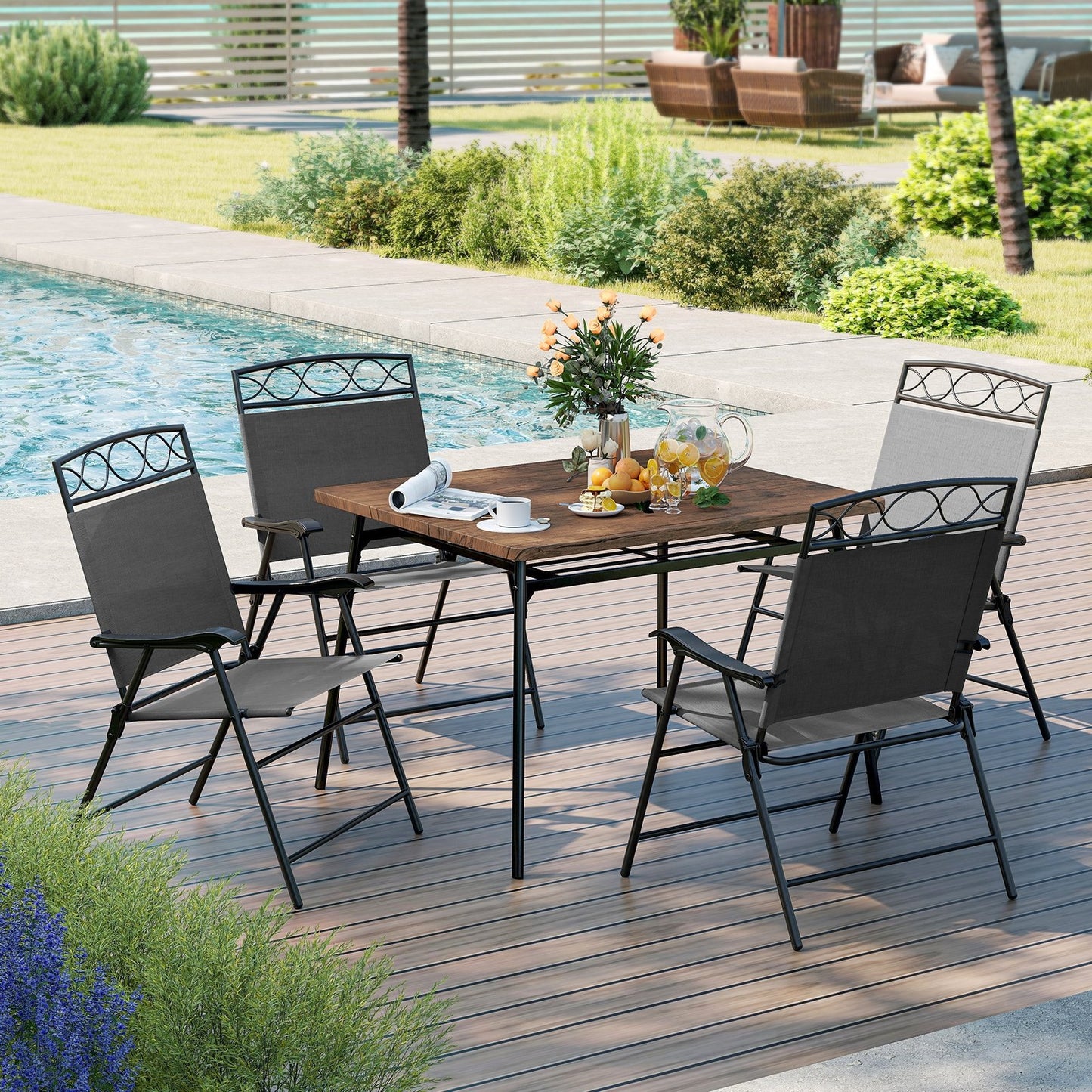 Set of 4 Patio Folding Chairs Set Dining Chairs with Armrests-Beige