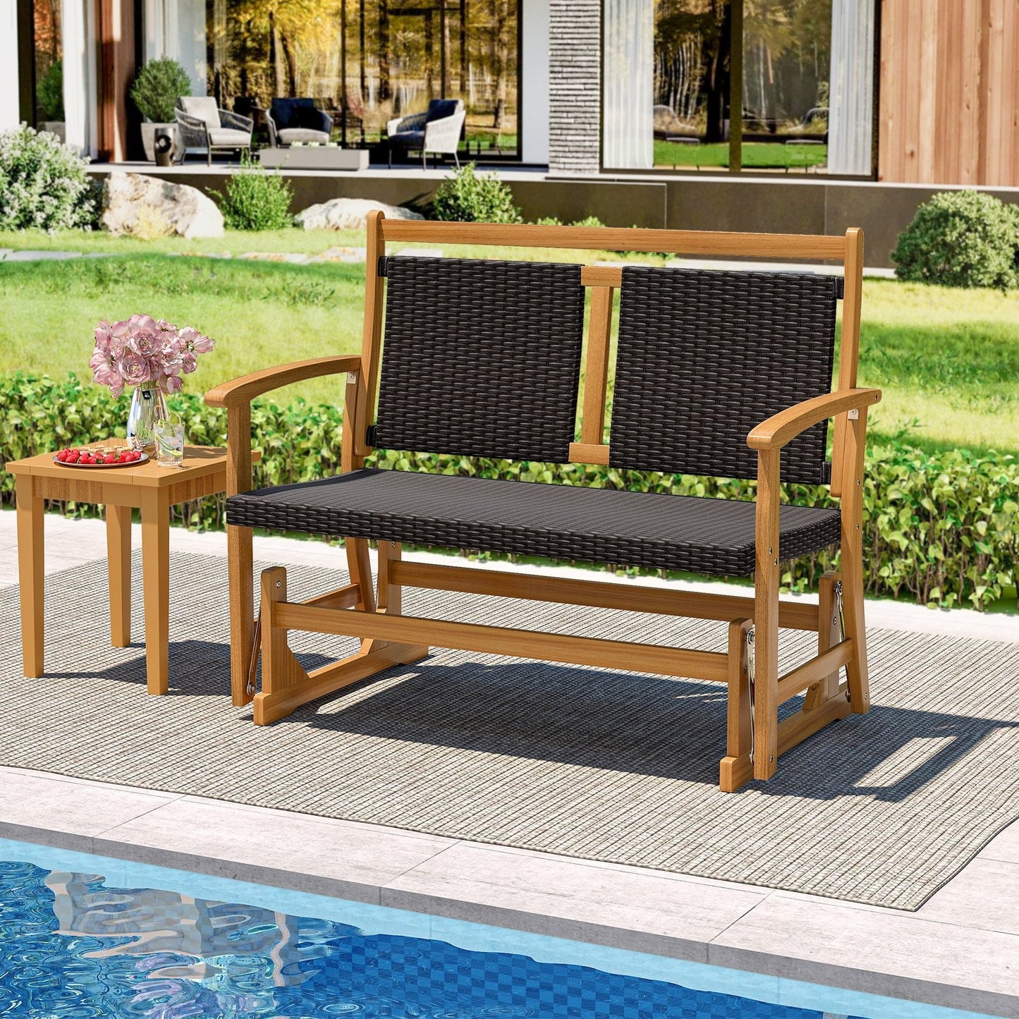 Patio Rattan Glider Chair with Acacia Wood Frame and Wicker Seat Back