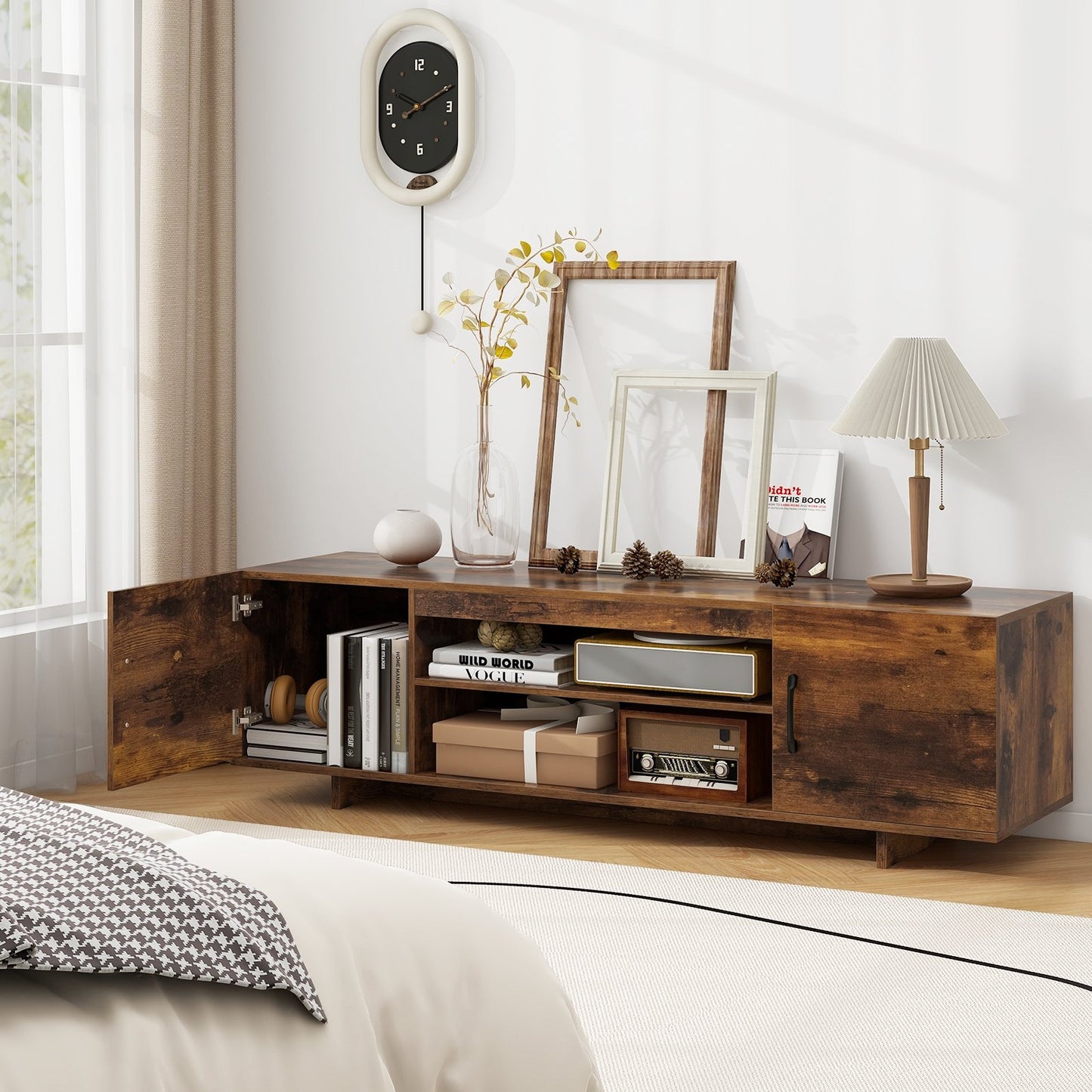 TV Stand with Power Outlet and 2 Cable Holes for 65 Inch TVs-Black