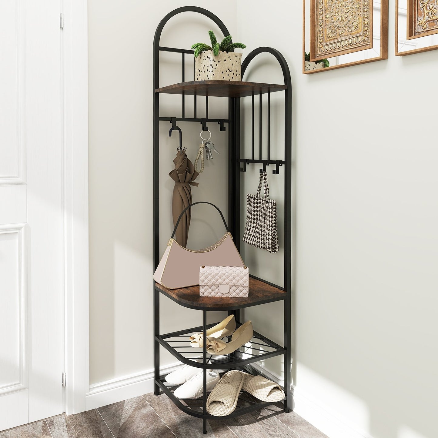 4-Tier Coat Rack Corner Hall Tree with Shoe Storage Bench-Natural