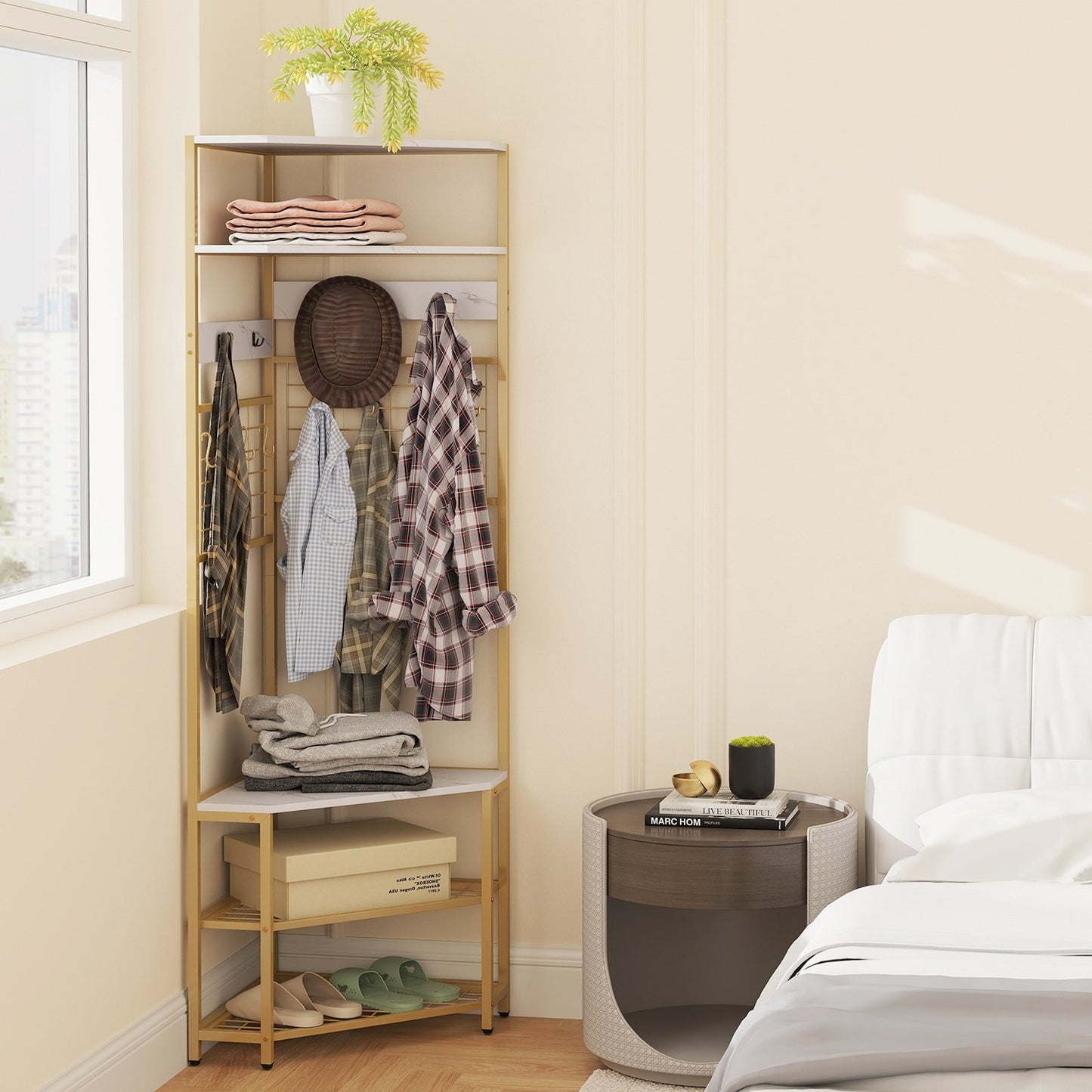 5-Tier Corner Hall Tree with Shoe Storage Bench-Rustic Brown