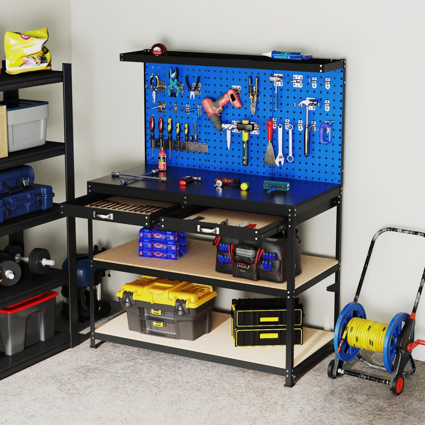 48 x 24 Inch Workbench Work Table with 3 PCs Pegboard Drawer and Shelves-Black