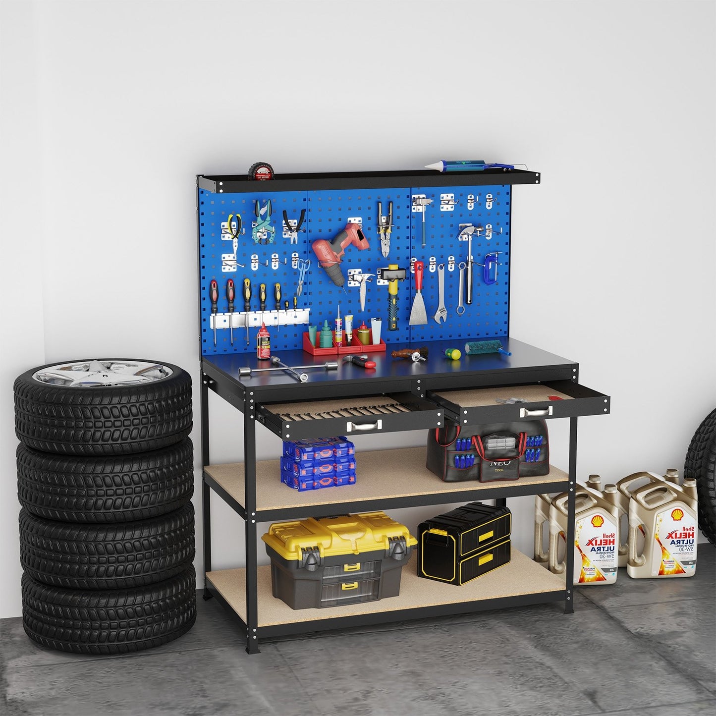 48 x 24 Inch Workbench Work Table with 3 PCs Pegboard Drawer and Shelves-Black