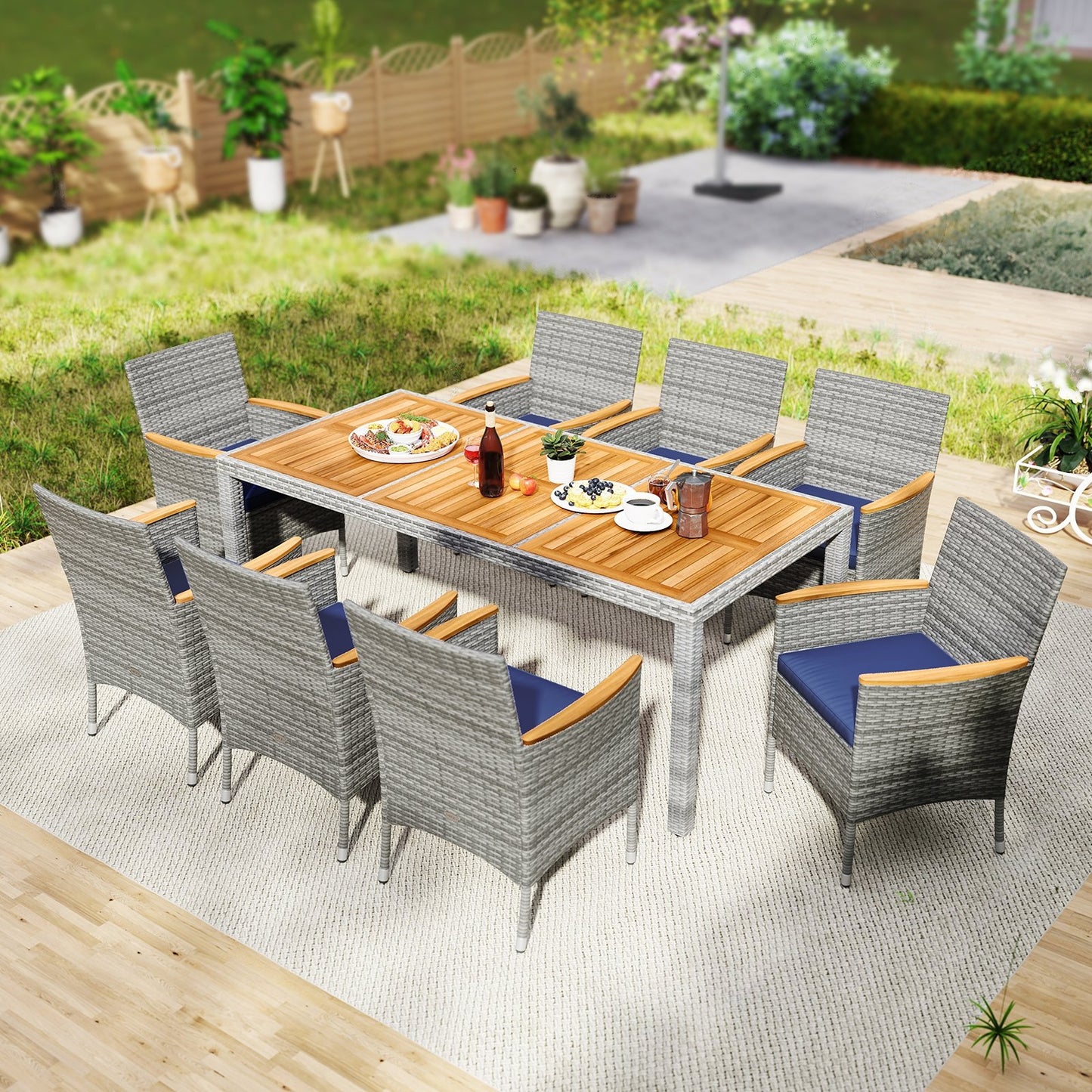 9 Pieces Patio PE Wicker Dining Set for Deck Garden and Yard-Navy