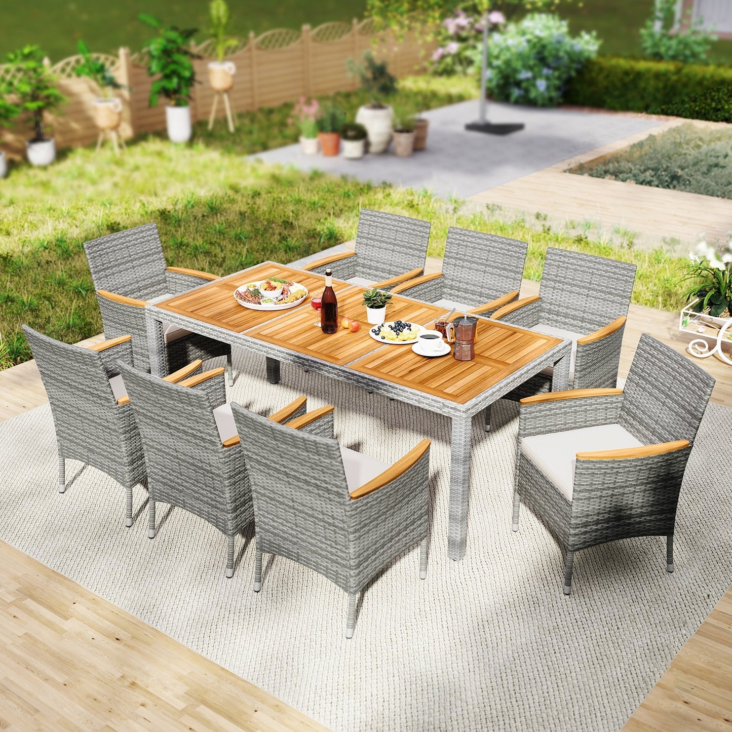 9 Pieces Patio PE Wicker Dining Set for Deck Garden and Yard-Navy