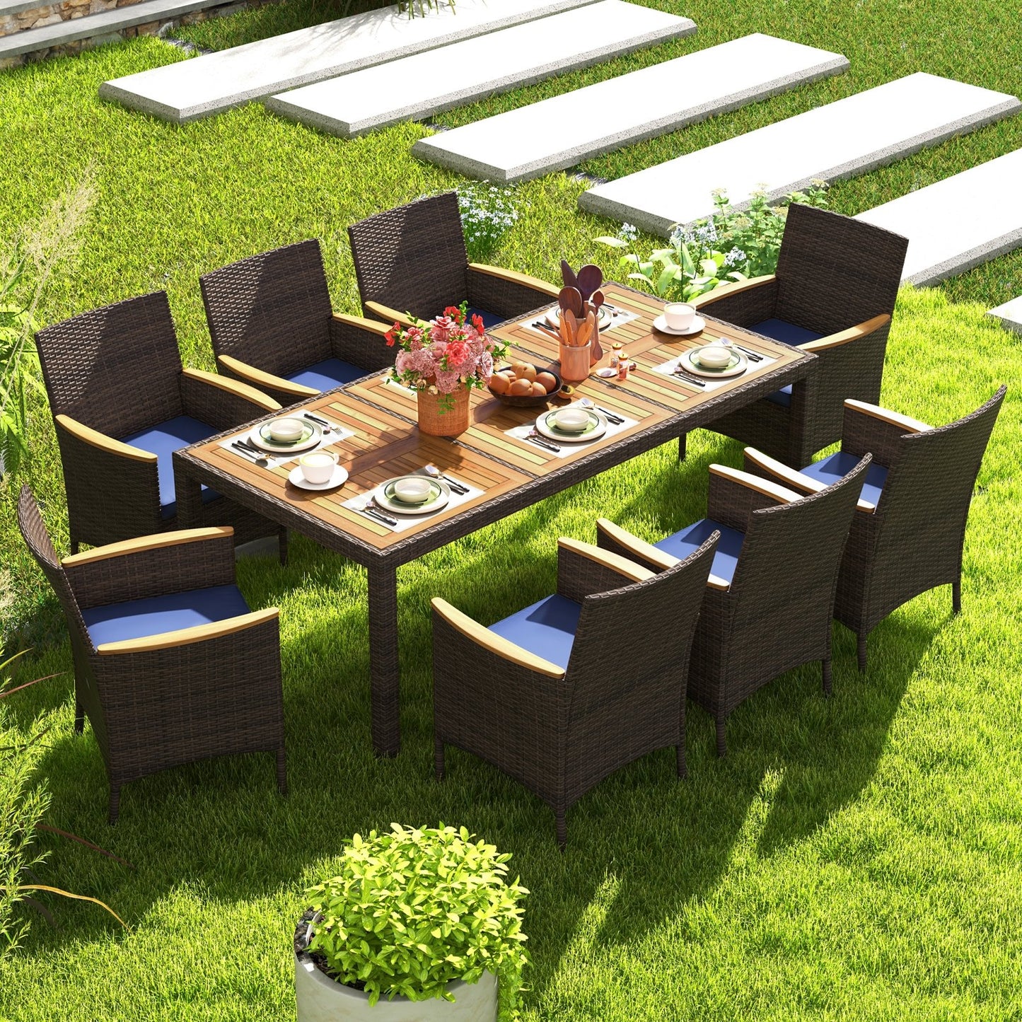 9 Piece Outdoor Dining Set with Acacia Wood Table Top-Beige