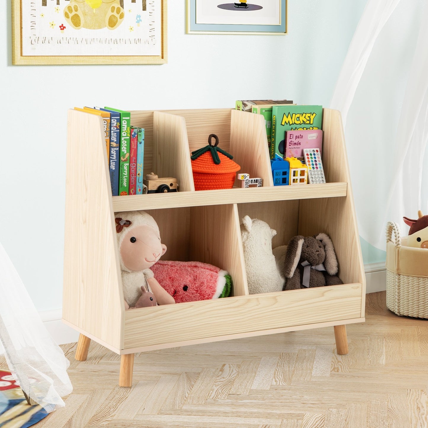 5-Cube Kids Bookshelf and Toy Organizer with Anti-Tipping Kits-Natural