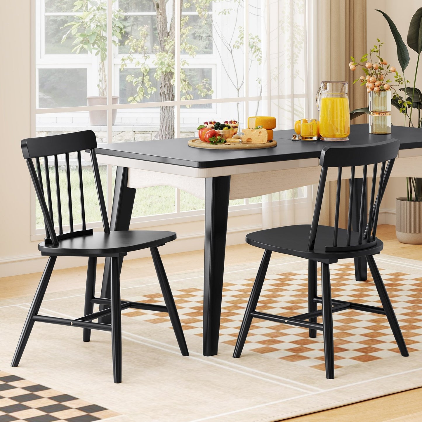 Farmhouse Kitchen Chair Set of 2 with Rubber Wood Frame-Black