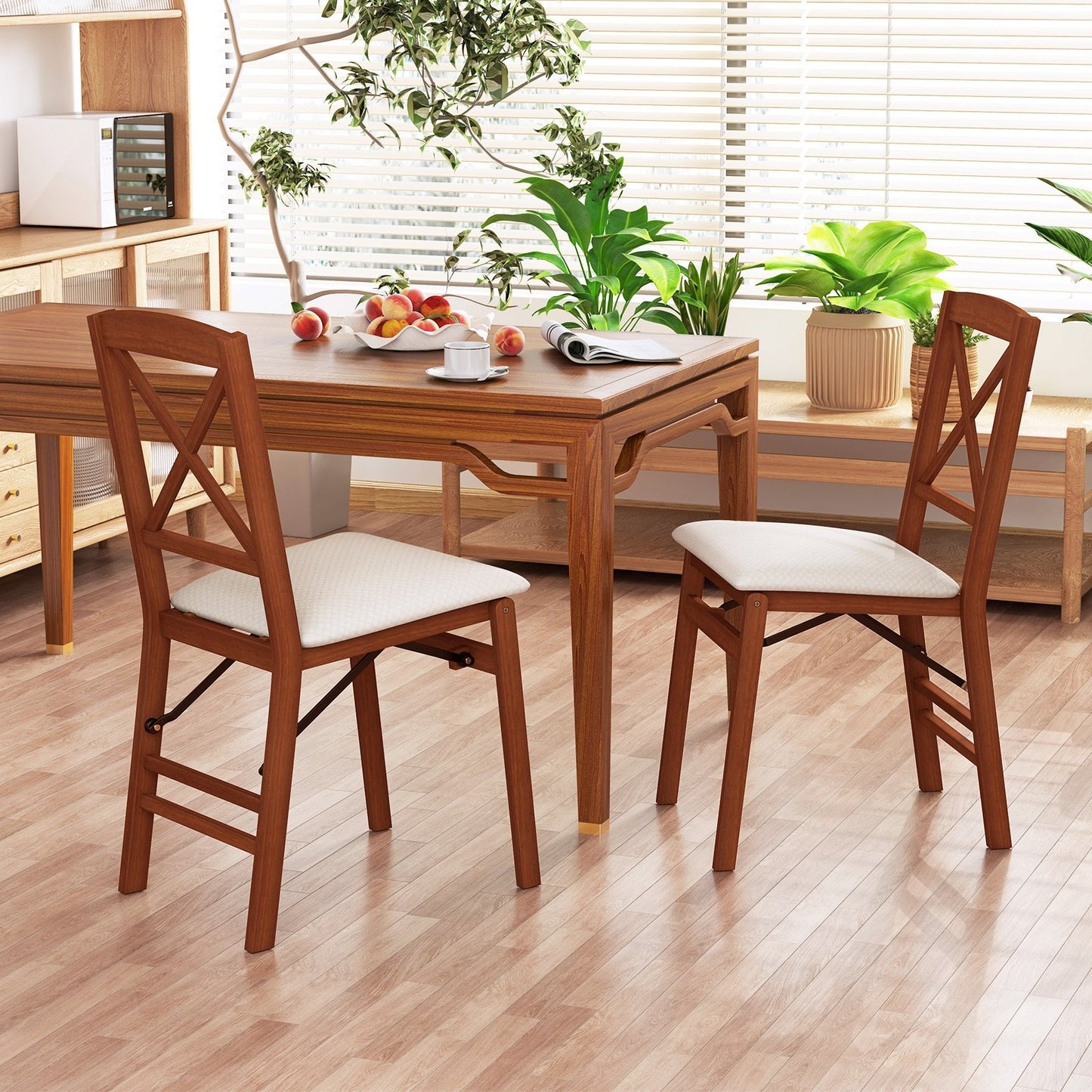 Folding Dining Chairs Set of 2 with Padded Seat and Rubber Wood Frame-B