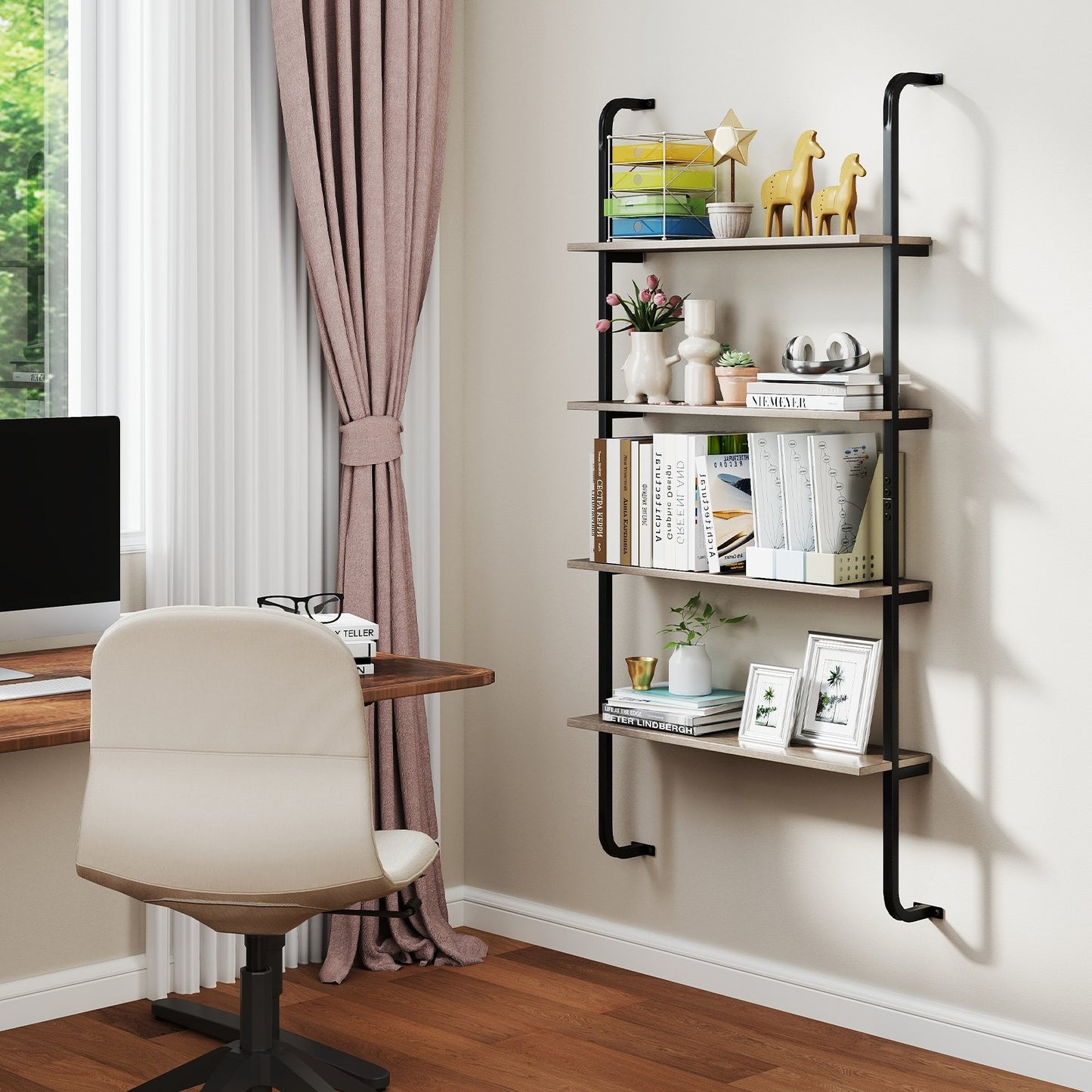 4-Tier Industrial Pipe Shelving with Metal Frame for Living Room Kitchen-Oak