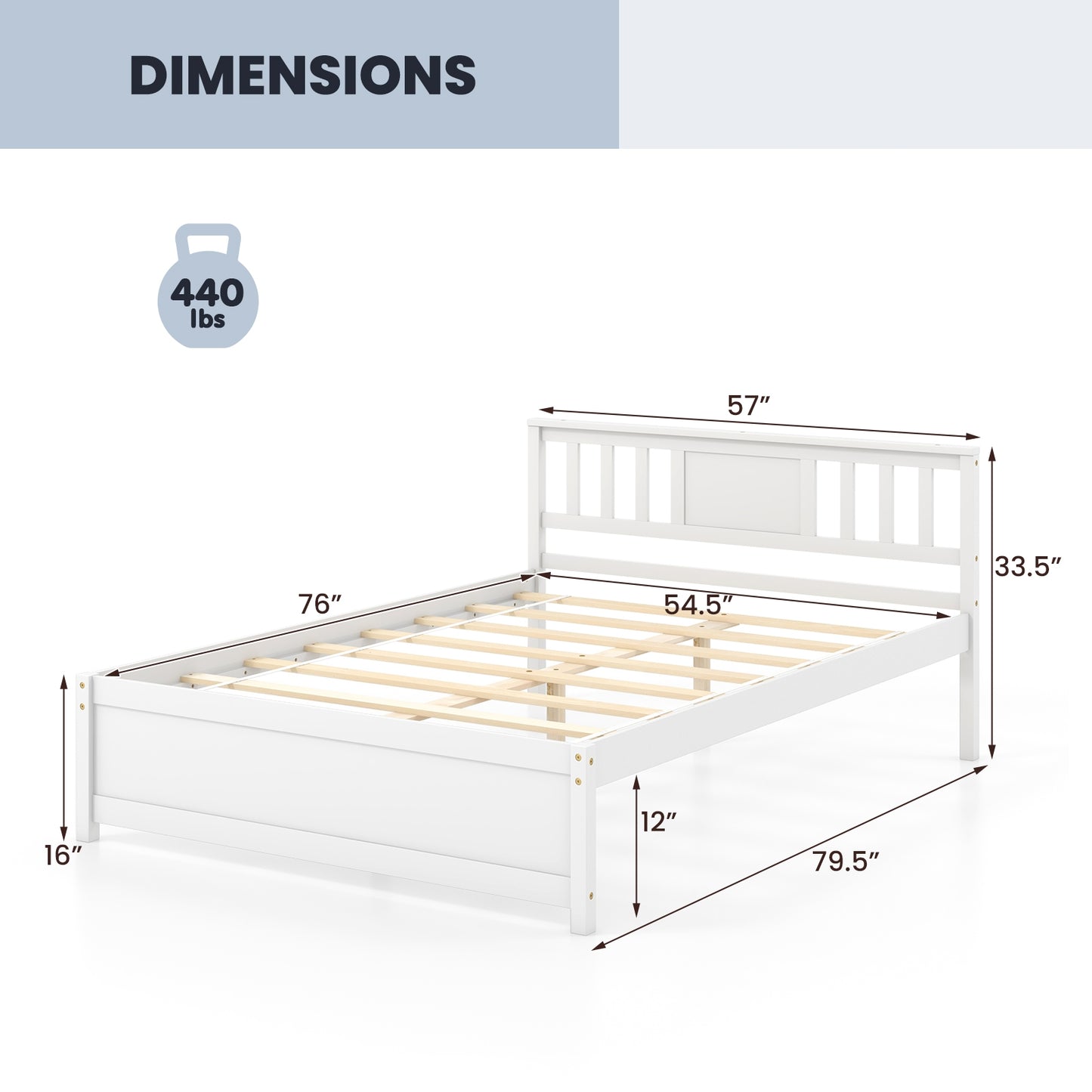 Wooden Platform Bed with Headboard and Wood Slat Support White-Full Size