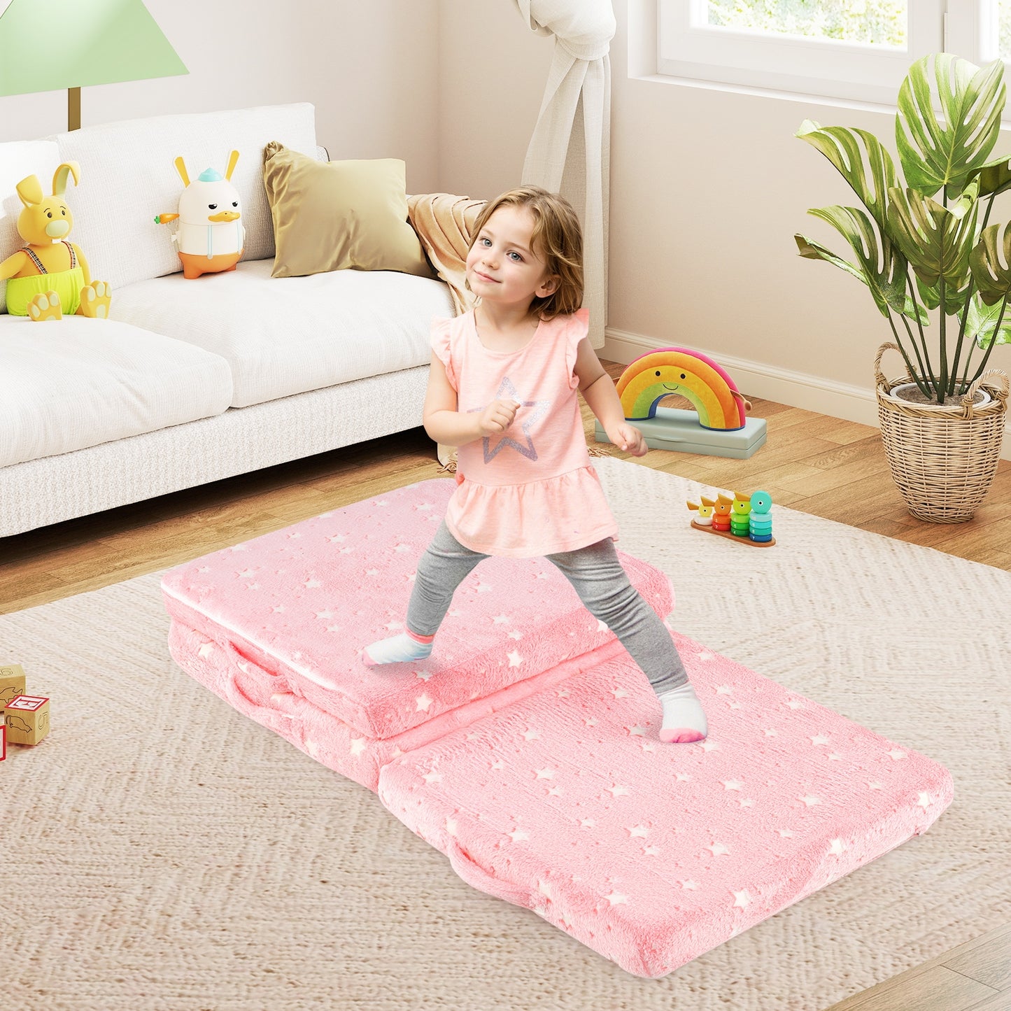 Foldable Floor Mattress for Kids with Washable Flannel Cover-Dark Gray
