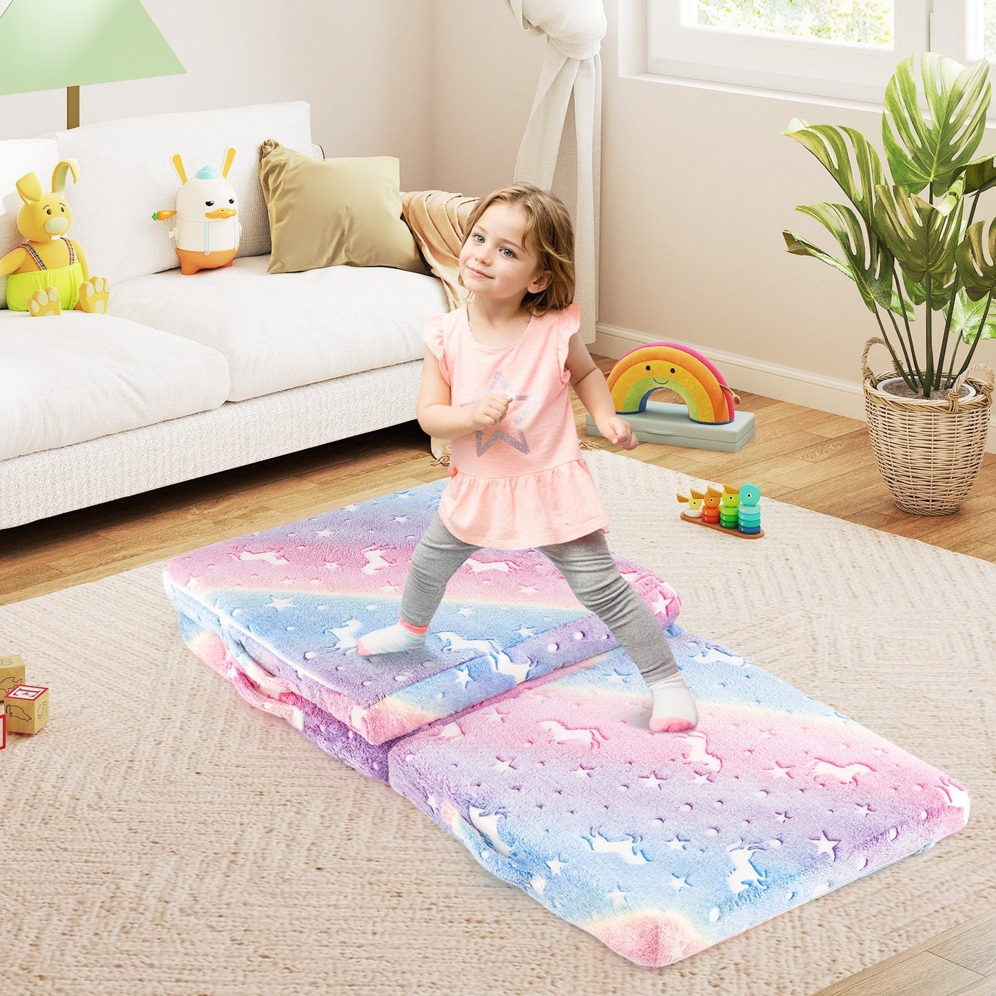 Foldable Floor Mattress for Kids with Washable Flannel Cover-Dark Gray