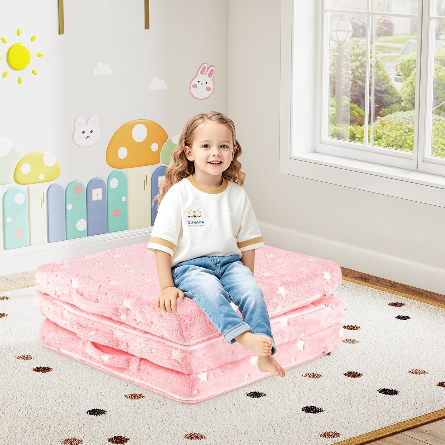 Foldable Floor Mattress for Kids with Washable Flannel Cover-Dark Gray