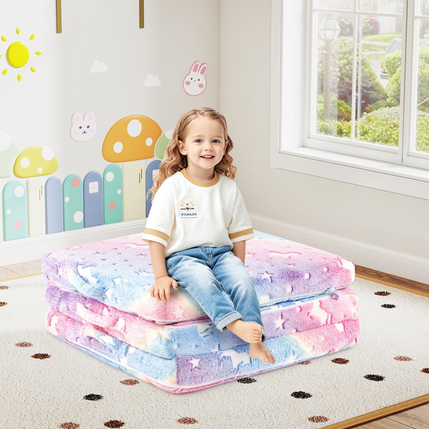 Foldable Floor Mattress for Kids with Washable Flannel Cover-Dark Gray