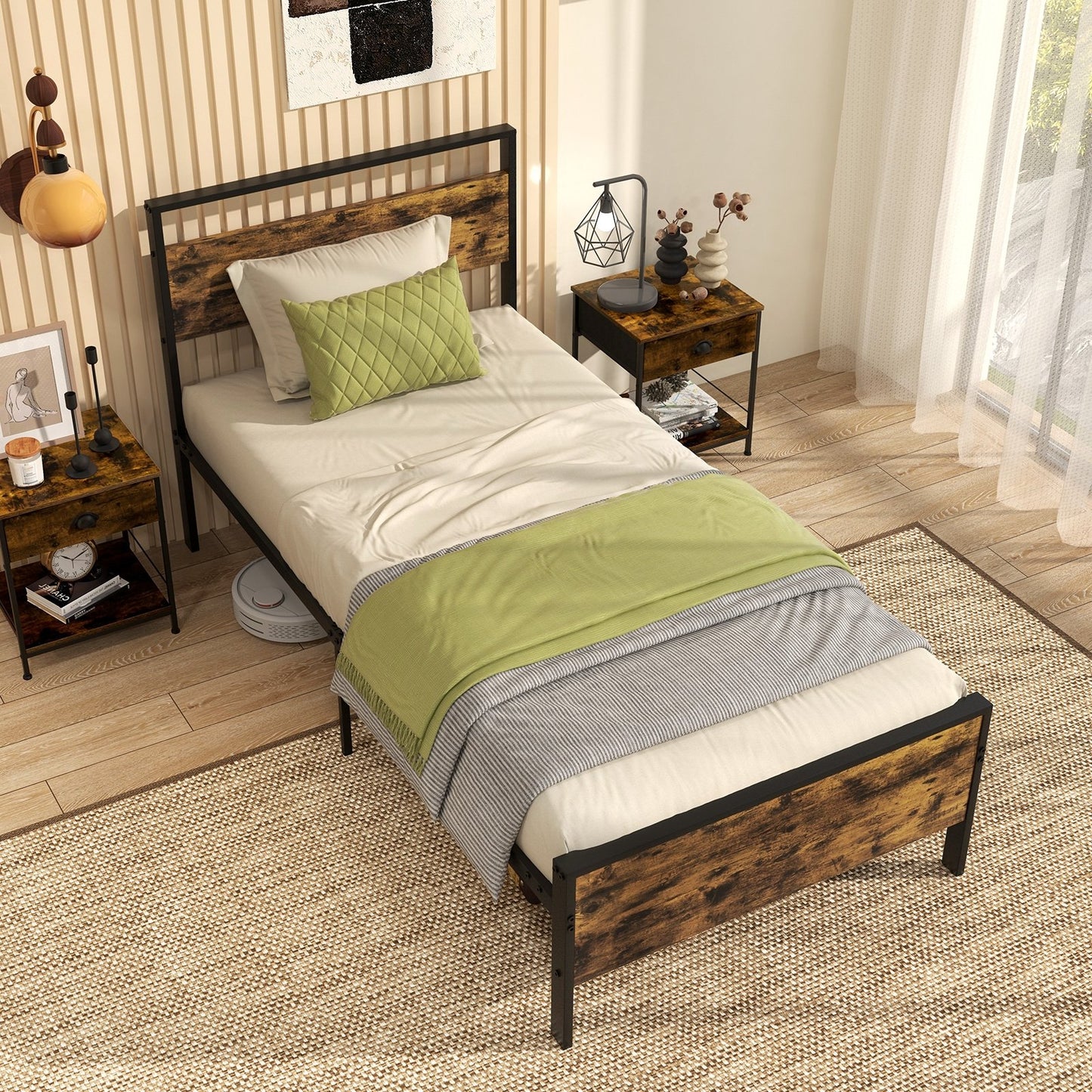King Metal Bed Frame Industrial Platform Bed with Wooden Headboard-King Size