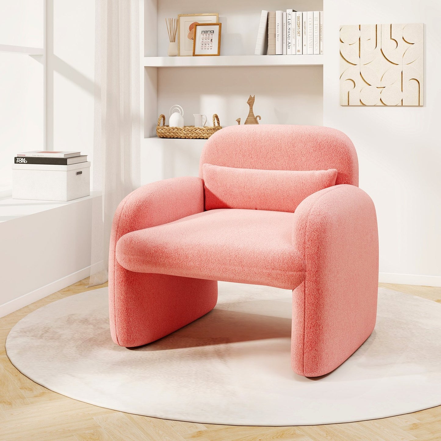 Modern Accent Chair with Waist Pillow and Armrests for Living Room Bedroom-Beige