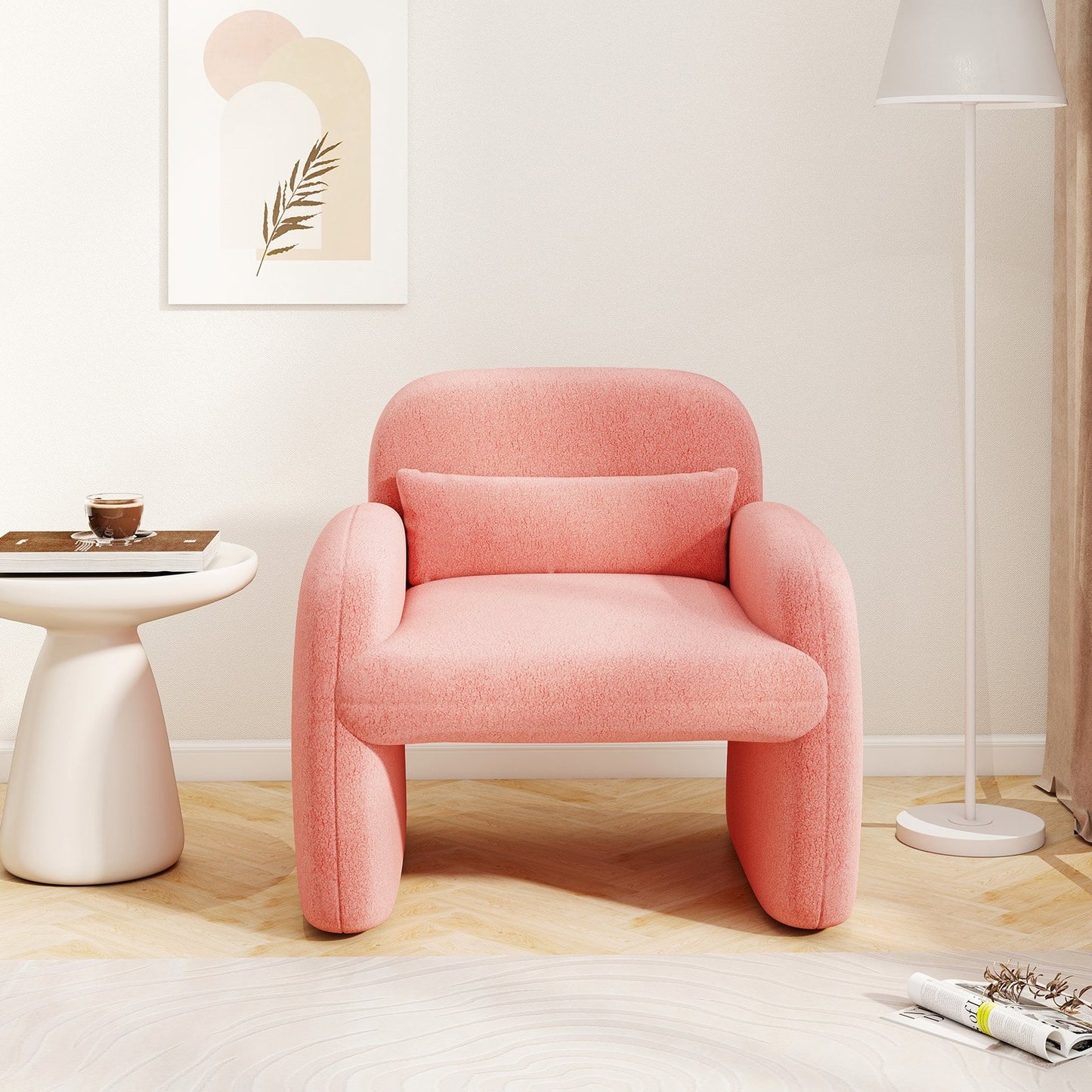 Modern Accent Chair with Waist Pillow and Armrests for Living Room Bedroom-Beige