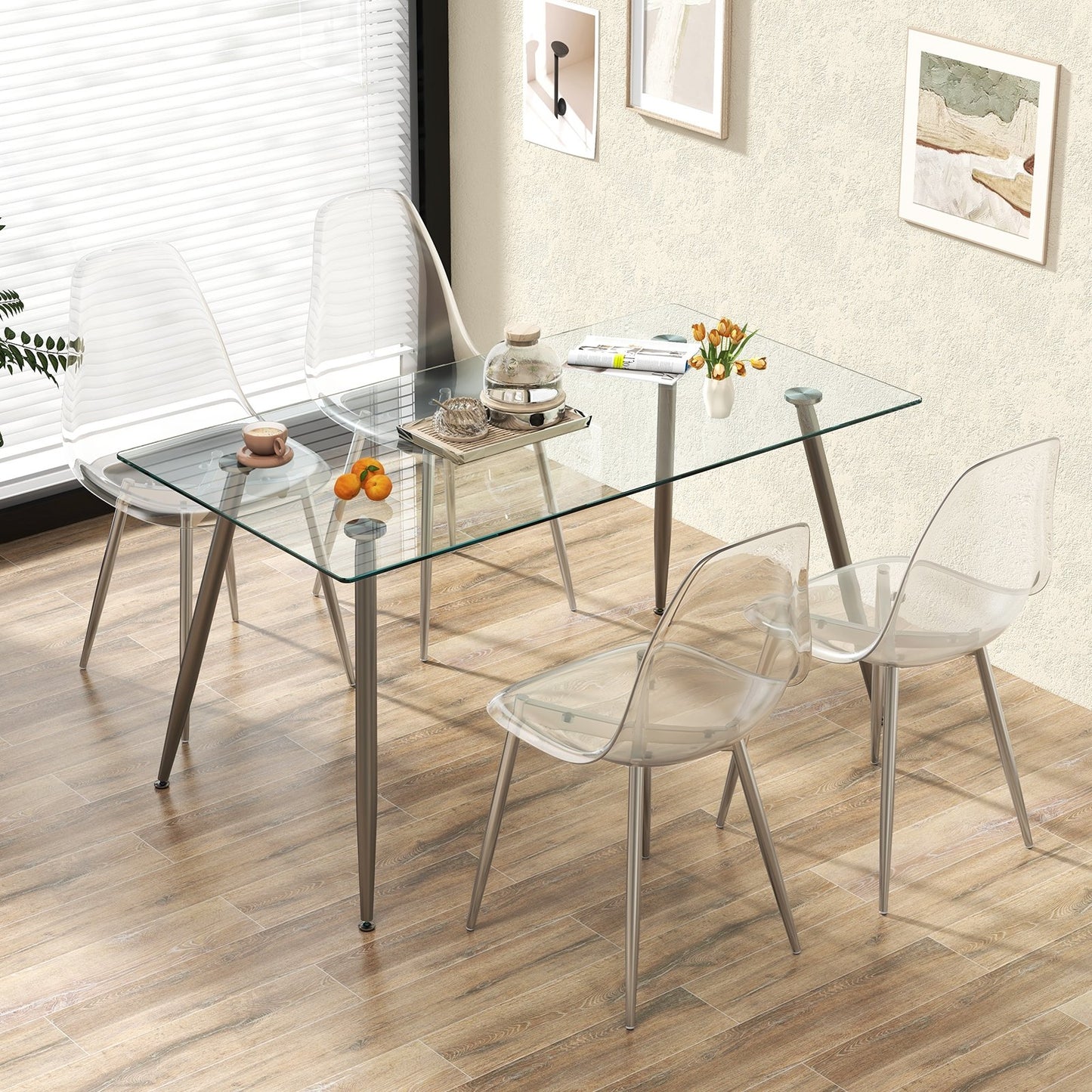 Set of 4 Dining Chairs Modern Plastic Shell Side Chair with Clear Seat and Wood Legs-Natural