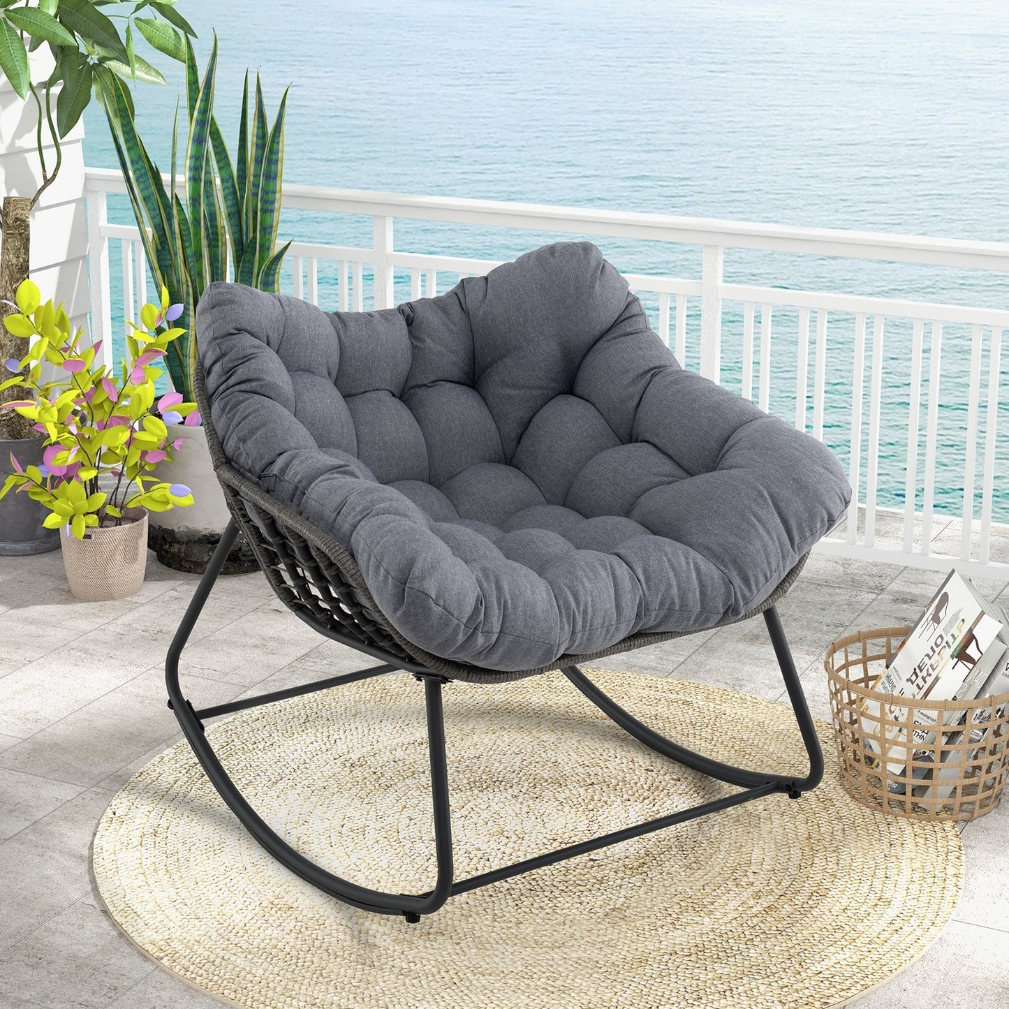 Outdoor Rocking Chair Oversized Patio PE Wicker Egg Chair with Cushion-Black