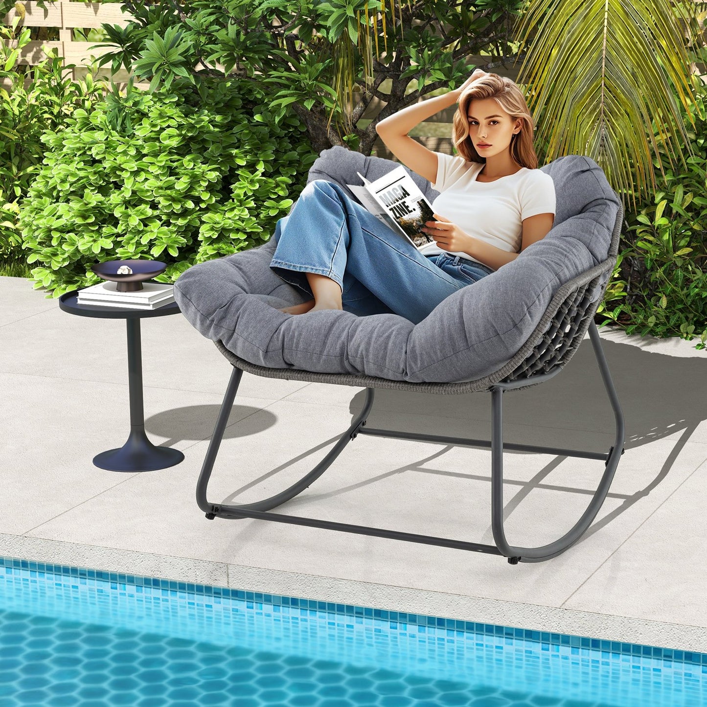 Outdoor Rocking Chair Oversized Patio PE Wicker Egg Chair with Cushion-Black