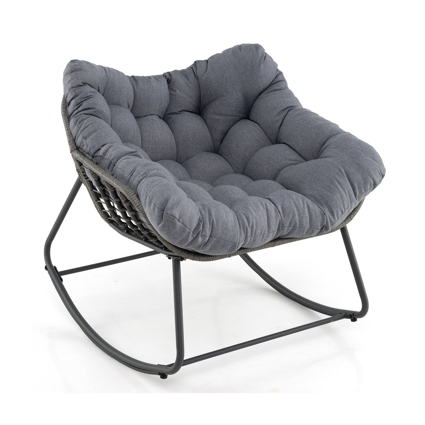 Outdoor Rocking Chair Oversized Patio PE Wicker Egg Chair with Cushion-Black