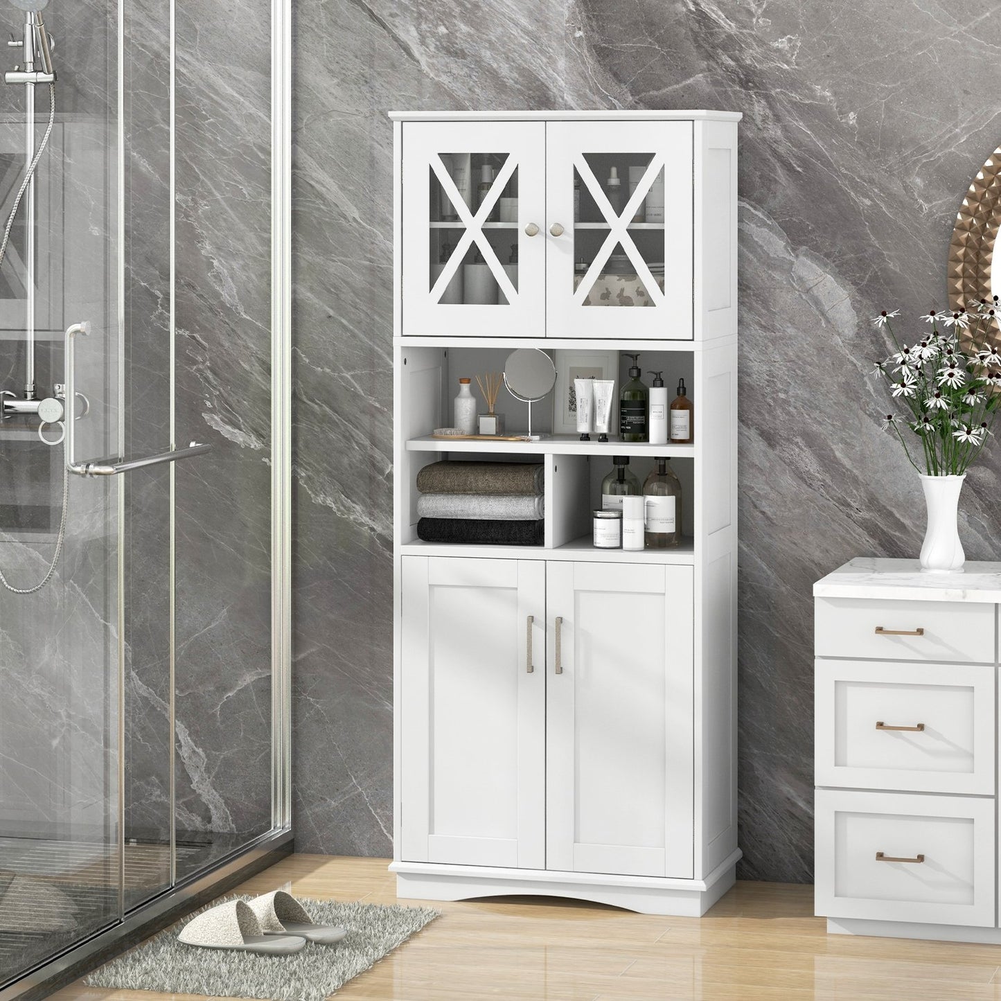 Tall Bathroom Cabinet Large Floor Storage Cabinet with Acrylic Doors and 3 Cubes-Black