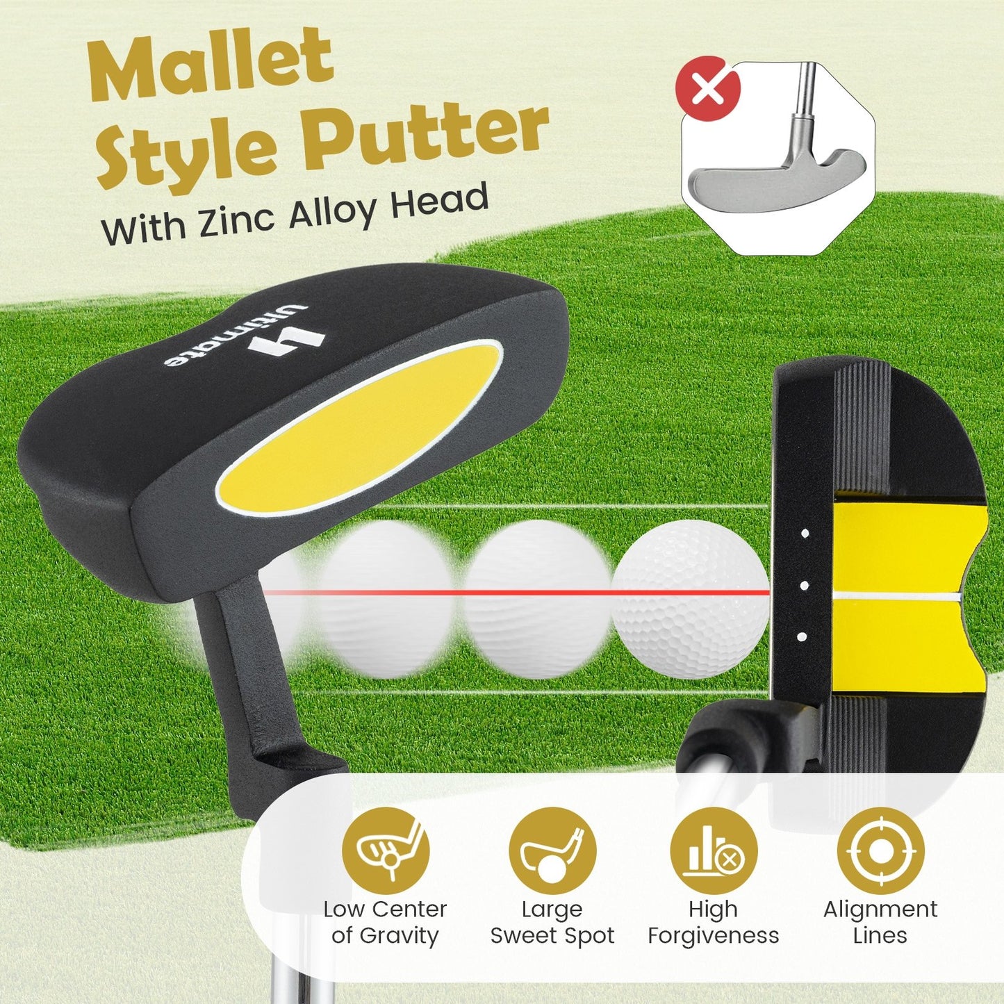 Junior Mallet Putter Individual Gold Club for 8-10 years old Kids-Green
