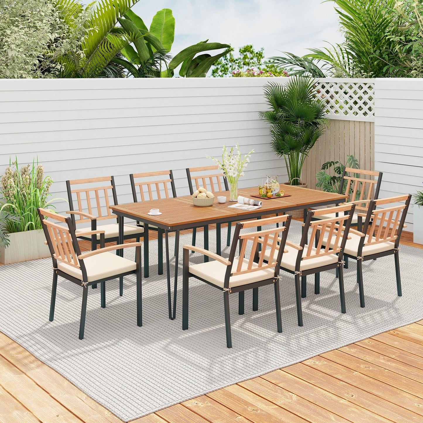 9-Piece Patio Dining Set 35.5 Inch Acacia Wood Table with Umbrella Hole and 24-Inch Wide Chairs