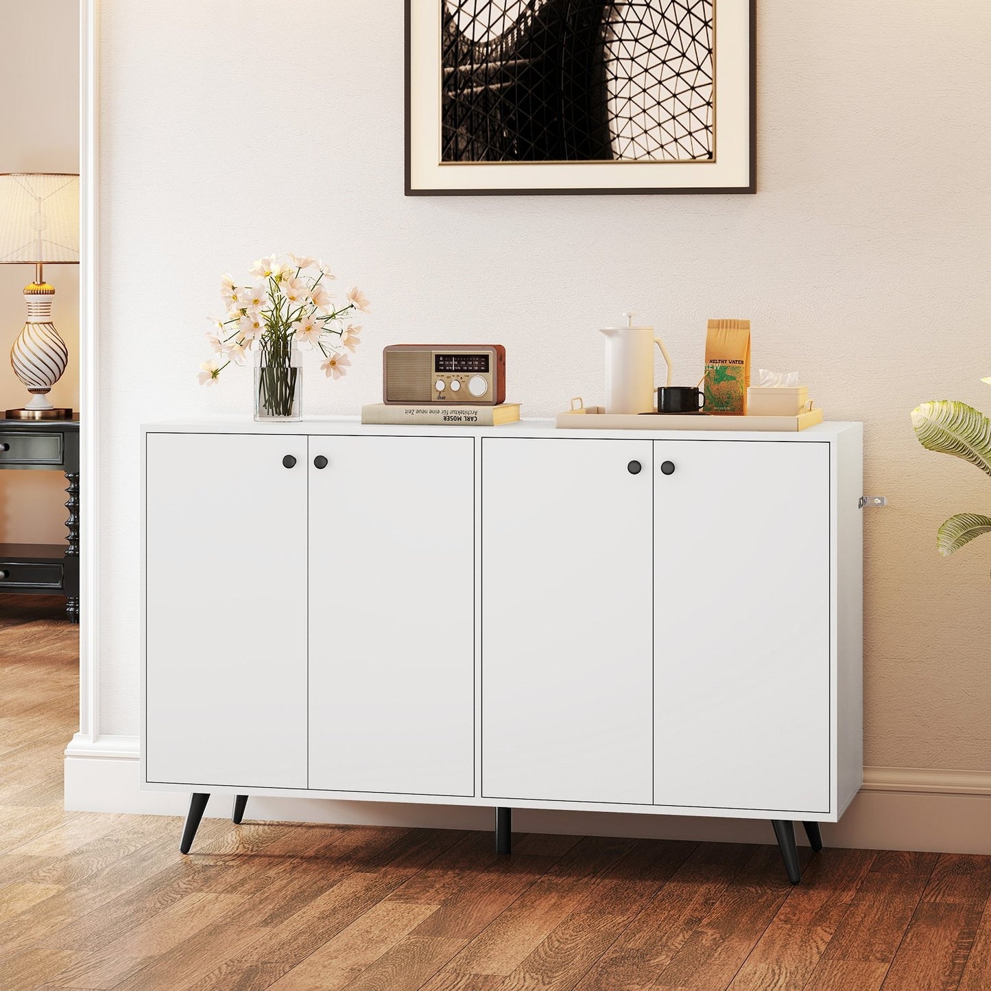 Buffet Sideboard Mid Century Modern Storage Cabinet with Adjustable Shelves-Rustic Brown