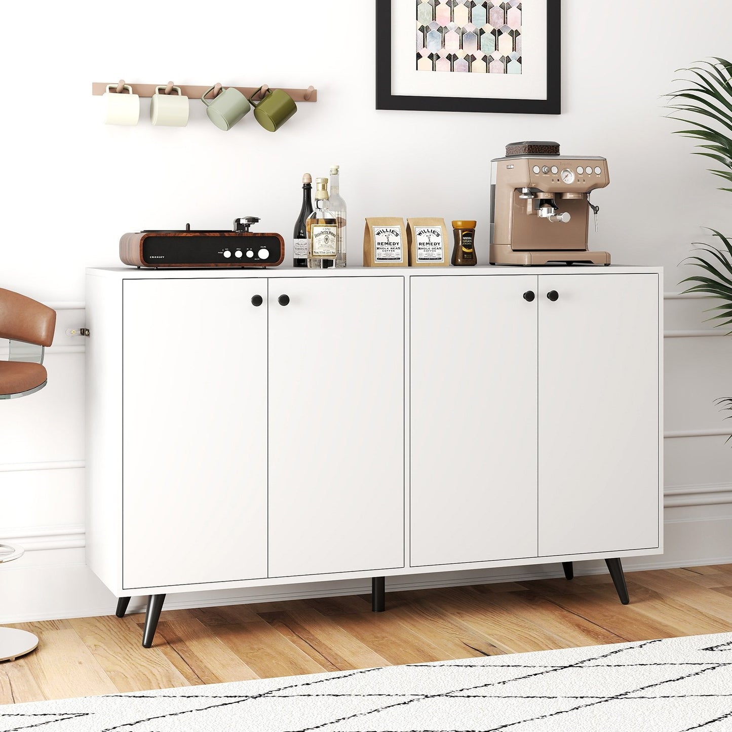 Buffet Sideboard Mid Century Modern Storage Cabinet with Adjustable Shelves-Rustic Brown