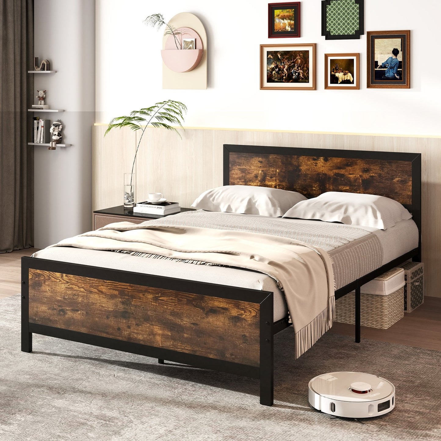 Metal Bed Frame with Headboard and Footboard-Queen Size