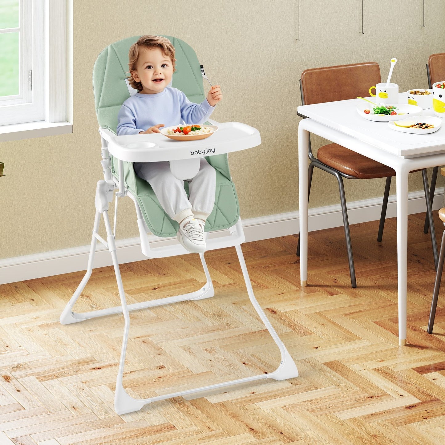 Easy Clean Compact Highchair with Removable Adjustable Tray and PU Seat Cushion-Brown