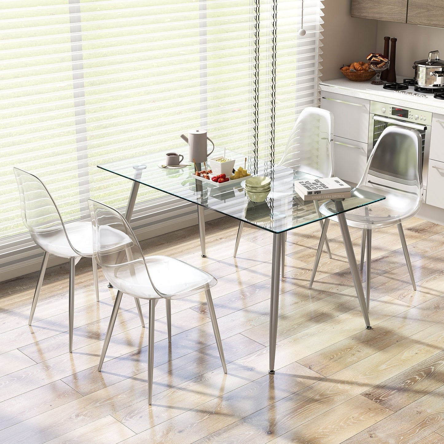 Set of 4 Dining Chairs Modern Plastic Shell Side Chair with Clear Seat and Wood Legs-Natural