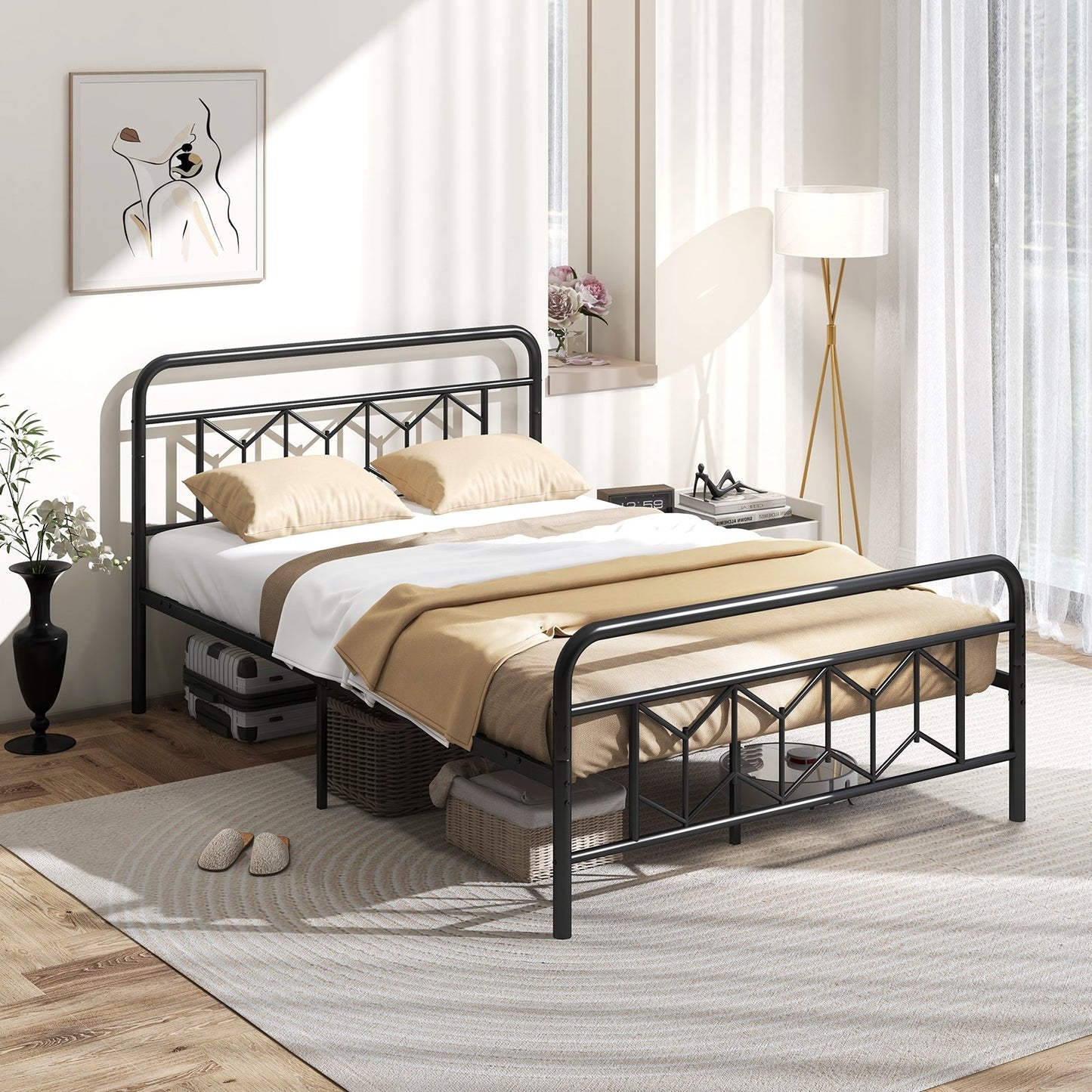 Platform Bed with High Headboard and Snap Lock Metal Slats-King Size