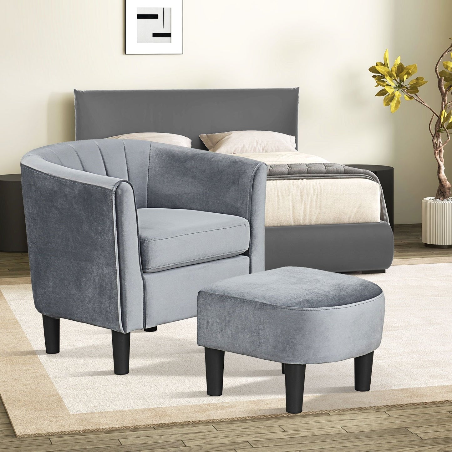 Upholstered Teddy Velvet Club Barrel Chair with Ottoman with Footrest-Beige