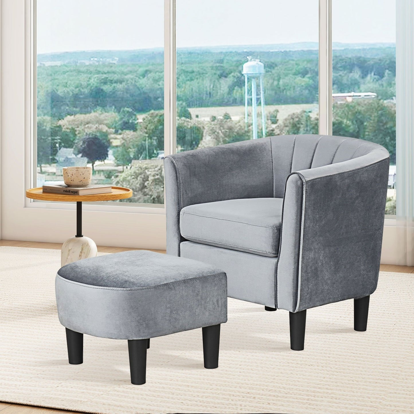Upholstered Teddy Velvet Club Barrel Chair with Ottoman with Footrest-Beige