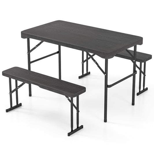 Outdoor Folding Table Bench Set w All-Weather HDPE Tabletop and Sturdy Metal Frame-Black