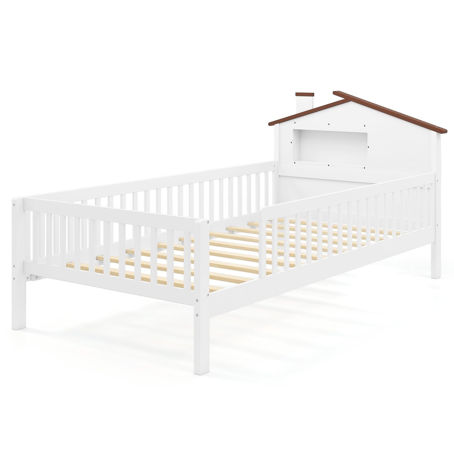 Twin Size Kids Montessori Bed with House-Shaped Headboard and Built-in Storage Shelf-Natural